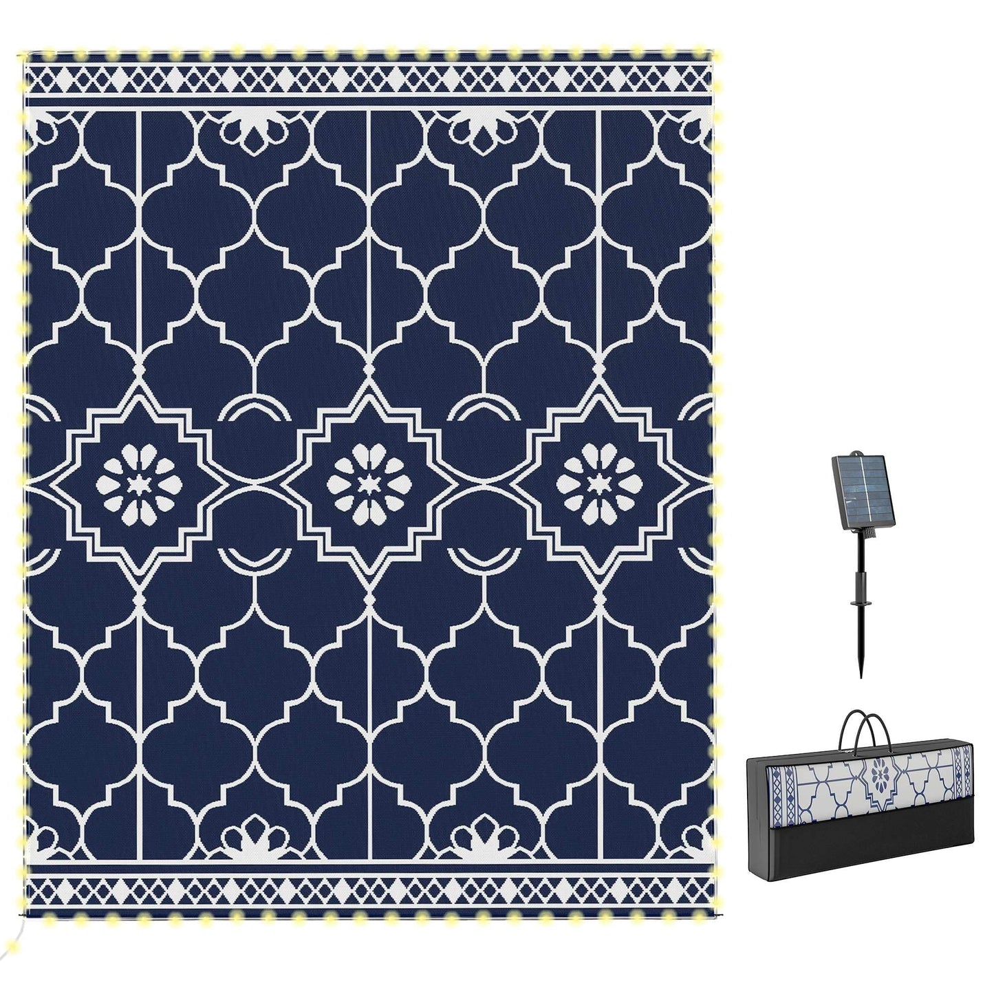 Outsunny Reversible Outdoor Rug Carpet with LED Lights, 10' x 8' PP Straw Rug, Portable RV Camping Mat with Carry Bag and Ground Stakes for Backyard, Deck, Picnic, Beach, Dark Blue and White