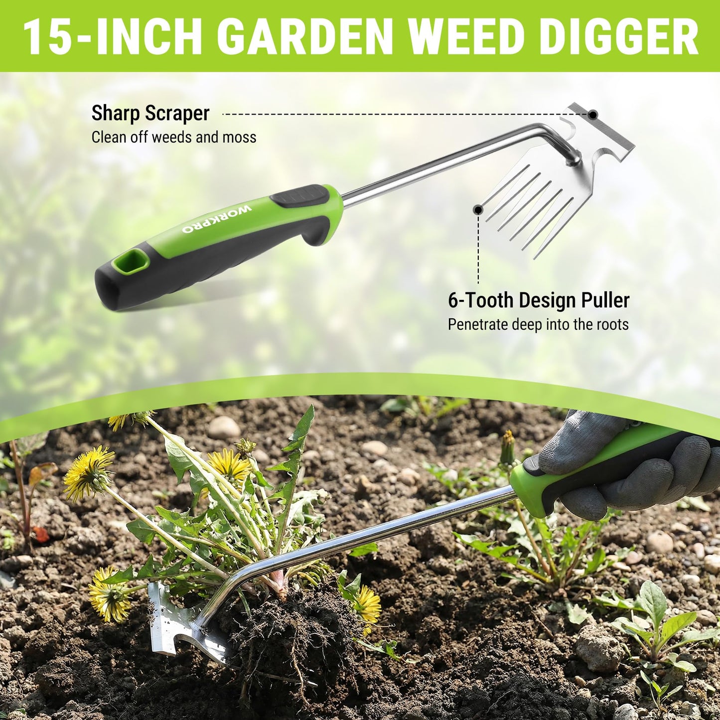 WORKPRO 3-Piece Weed Puller Tool Set – 15" 6-Tine Weed Remover, 12" Hand Weeder, 12.5" Crack Weeder, Stainless Steel with Ergonomic Handle for Lawn, Garden, Yard
