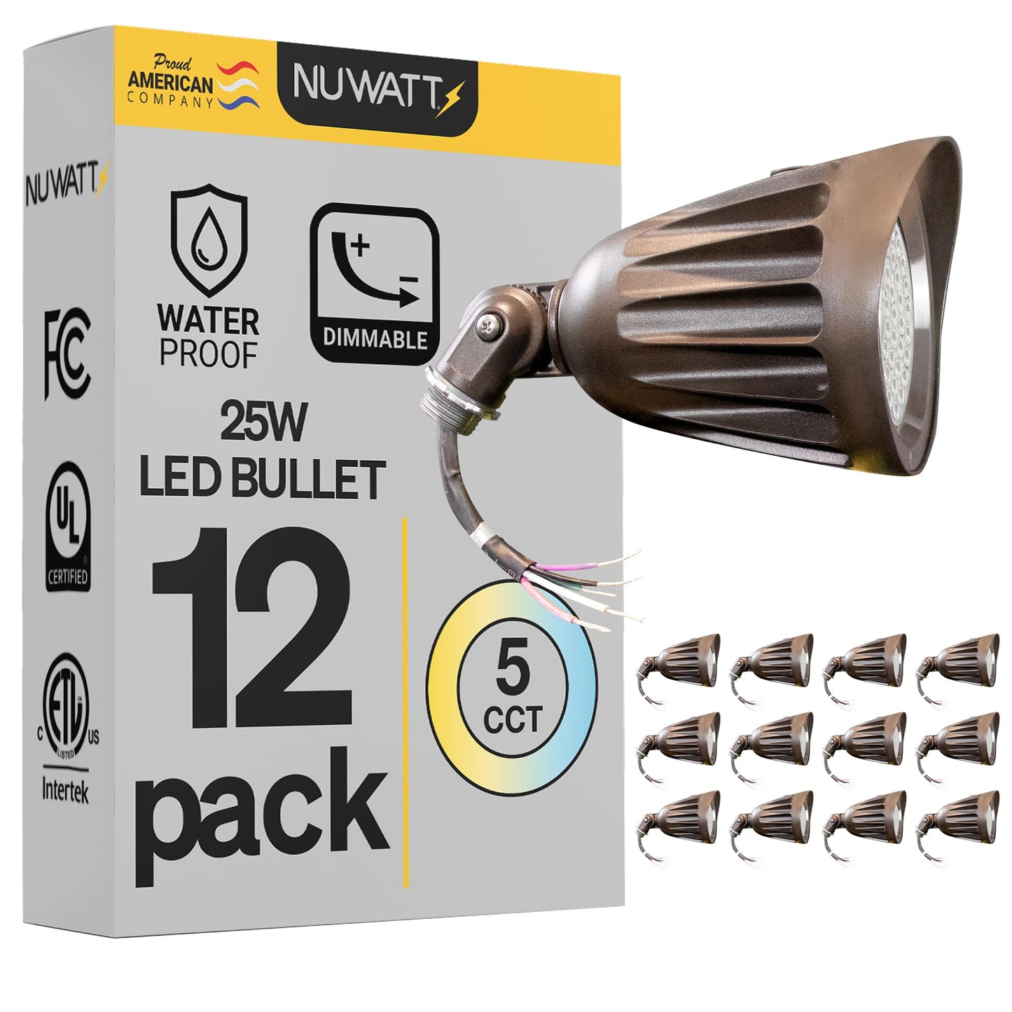 NUWATT 25W LED Bullet Spot Light for Outdoor Landscapes, 3500 LM Bright Illumination for Yard, 3000K/4000K/5000K Selectable, 1/2" Knuckle Mount, 120-277V Waterproof Flag Pole Light (12-Pack)