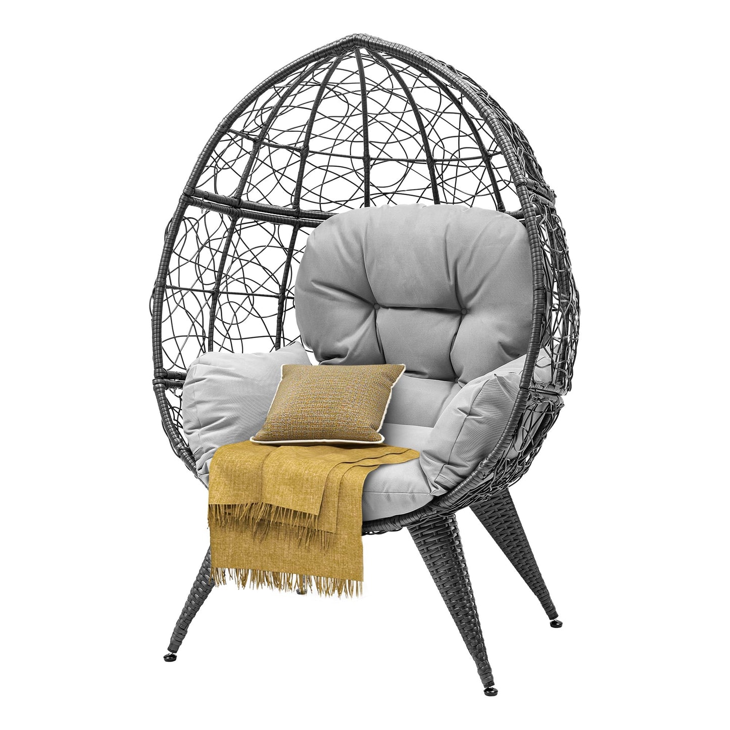 DWVO Oversized Egg Chair with Stand Rattan Outdoor Chairs, Large Lounger Chair with Cushion, Adjustable Leveling Feet, Egg Chair Indoor for Bedroom, Living Room, Outdoor Backyard, Patio, Garden, Grey