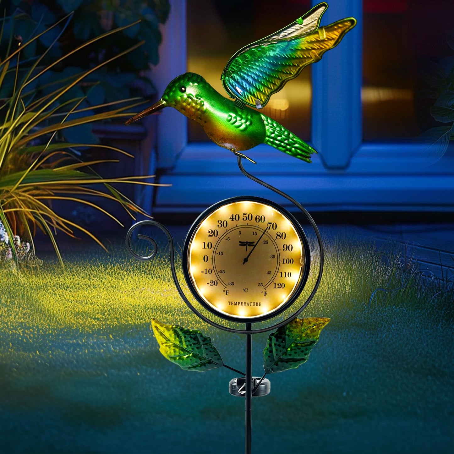 HONGLAND Outdoor Thermometer with Solar & Warm LED Lights, Metal Hummingbird Temperature Stake for Garden, Lawn, Patio, Waterproof Yard Decor