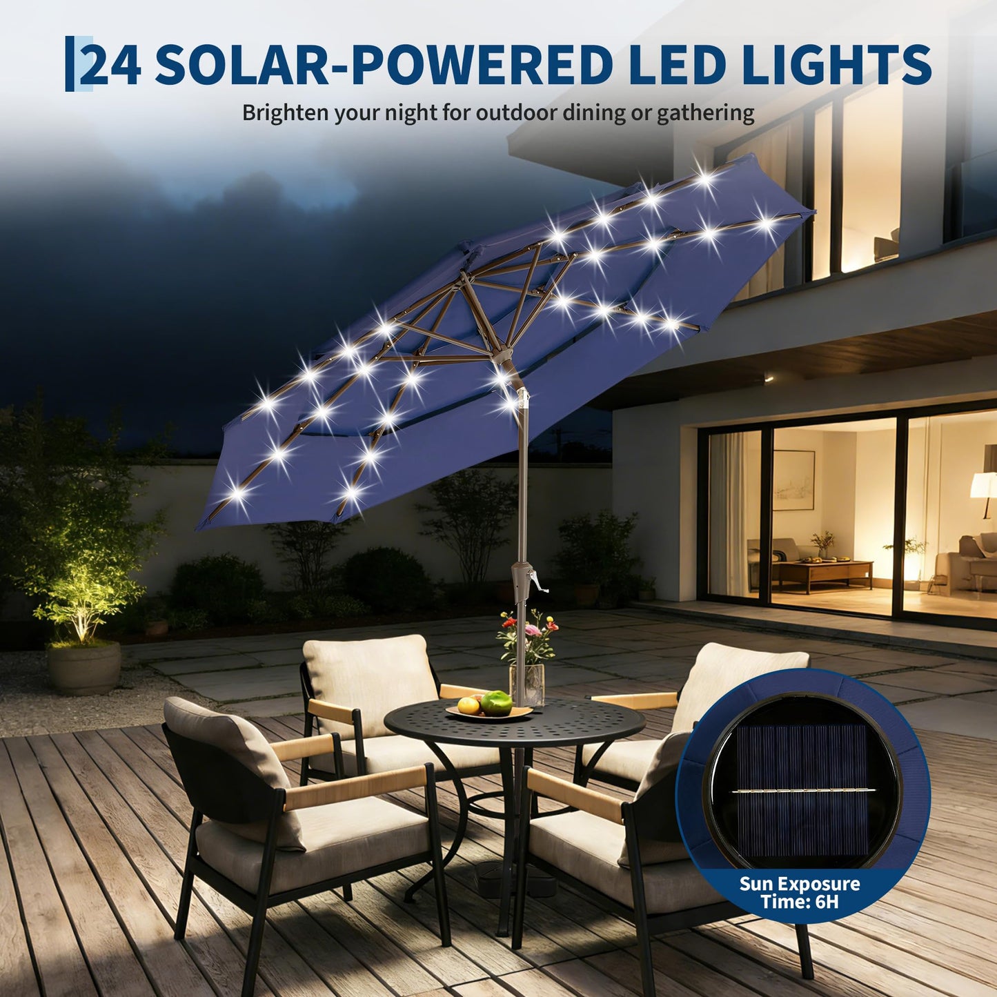 Garvee 10ft Patio Umbrella with Solar Lights, 3-Tier Patio Table Umbrella Outdoor with LED Lights, Ventilation, Easy Crank & Tilt, 8 Sturdy Ribs, UV Protection, Large Patio Umbrella for Deck, Pool