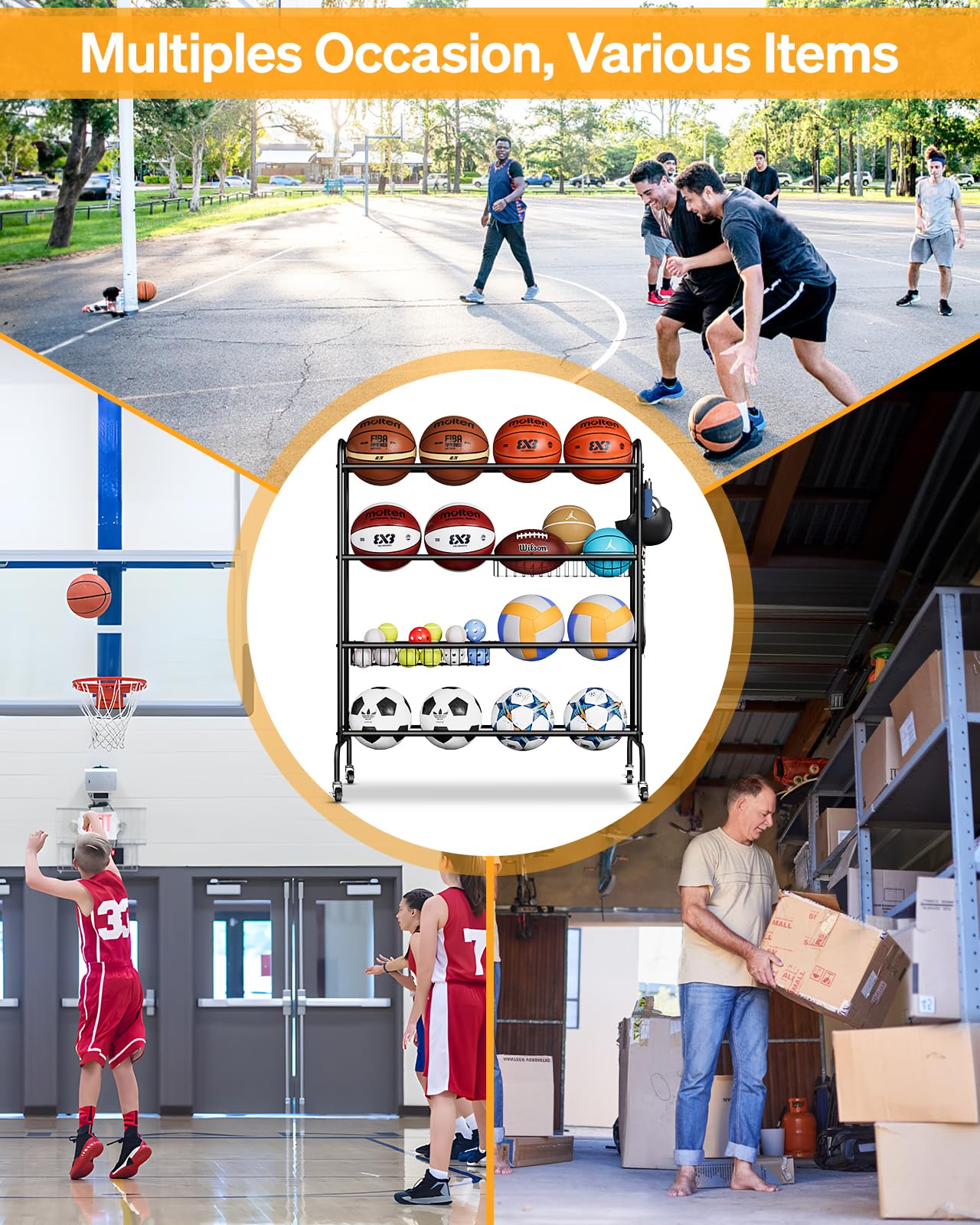 EXTCCT Basketball Rack, Outdoor Rolling Basketball Shooting Training Stand,Sports Equipment Storage with Wheels, Garage Four-Layer Ball Holder with Two Basket for Basketballs Footballs Volleyball