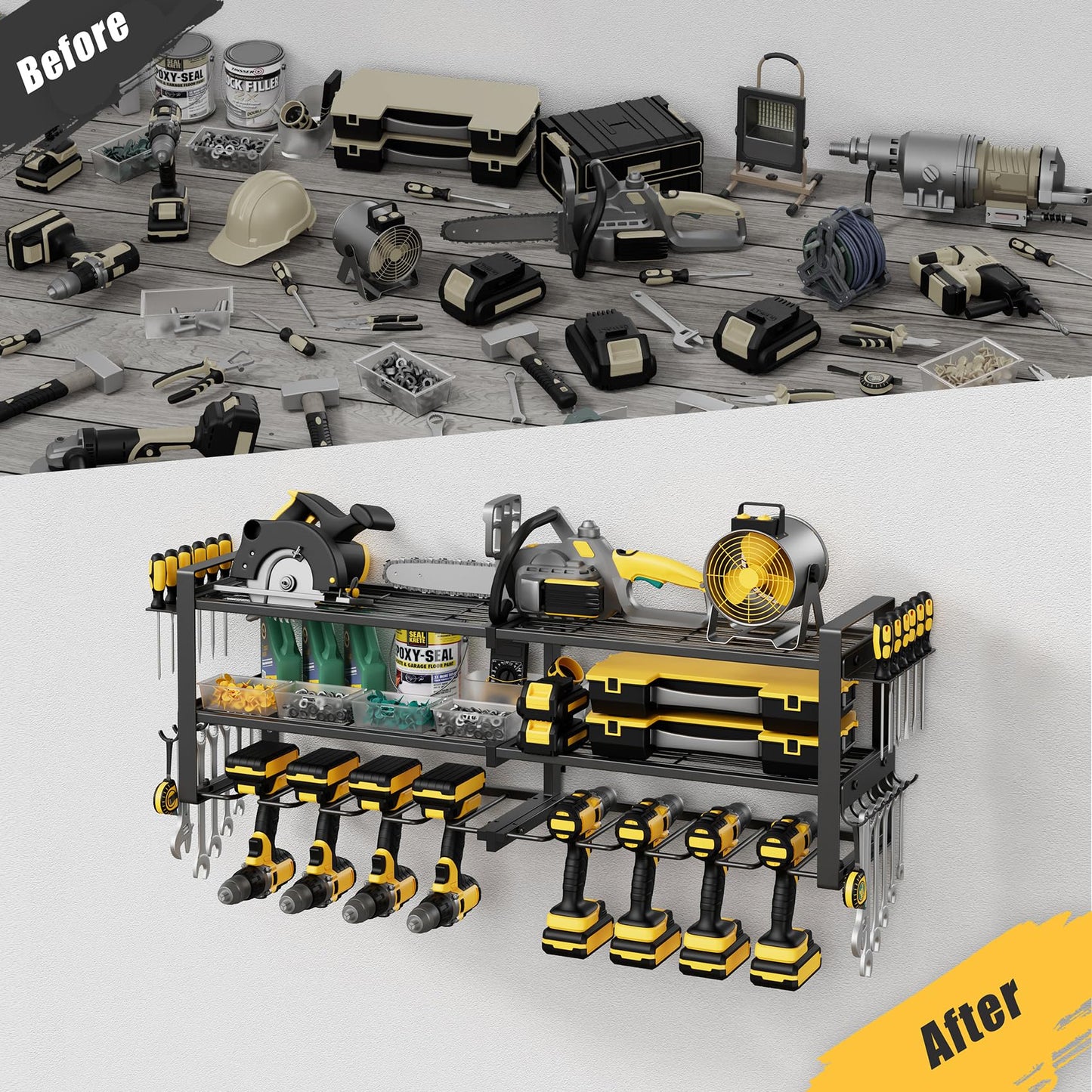 Jusgym Power Tool Organizer Wall Mount |350lbs Garage Tool Storage Rack with 6 Cordless Drill Holder |3-Tier 32''W Heavy Duty Garage Organization |Fathers Day Dad Gifts for Men