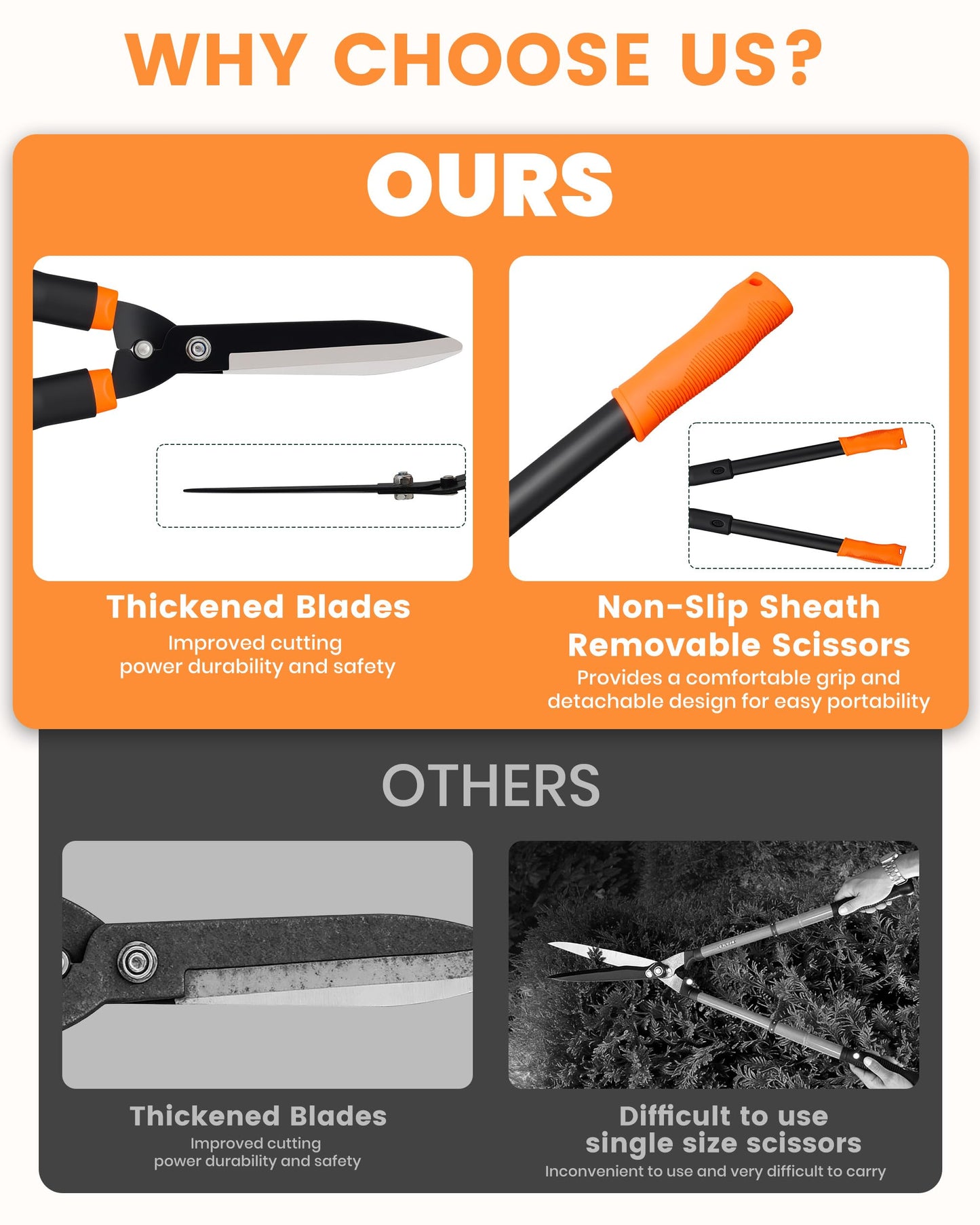 Hedge Shears, 31-Inch Garden Shears with Adjustable Handle, Sharp Blade & Comfortable Grip, Hedge Clippers for Hedges - Black/Orange