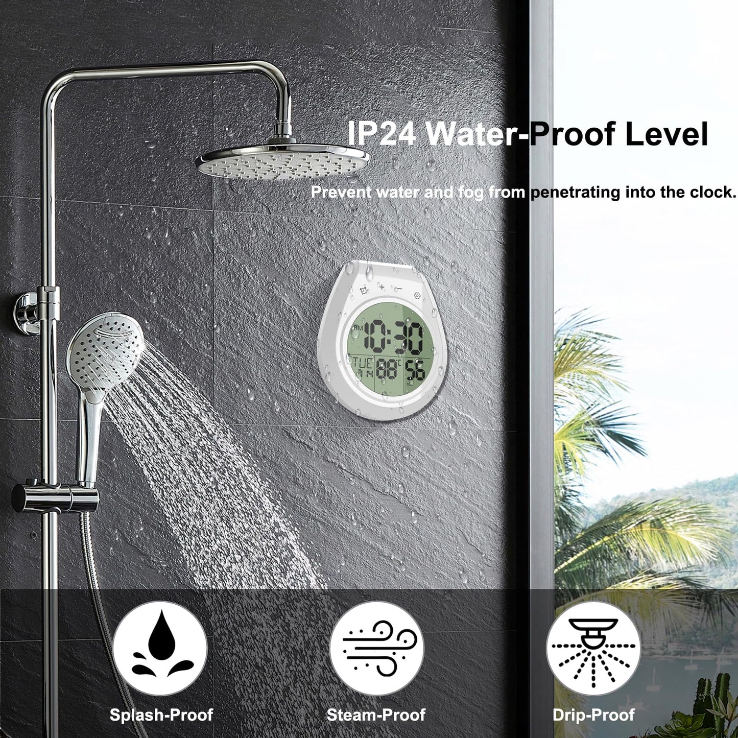 EternaHora Shower Clock Waterproof, Bathroom Clock with Temperature & Shower Timer, Small Digital Wall Clock Battery Operated with Suction Cup and Hanging Hole for Kitchen