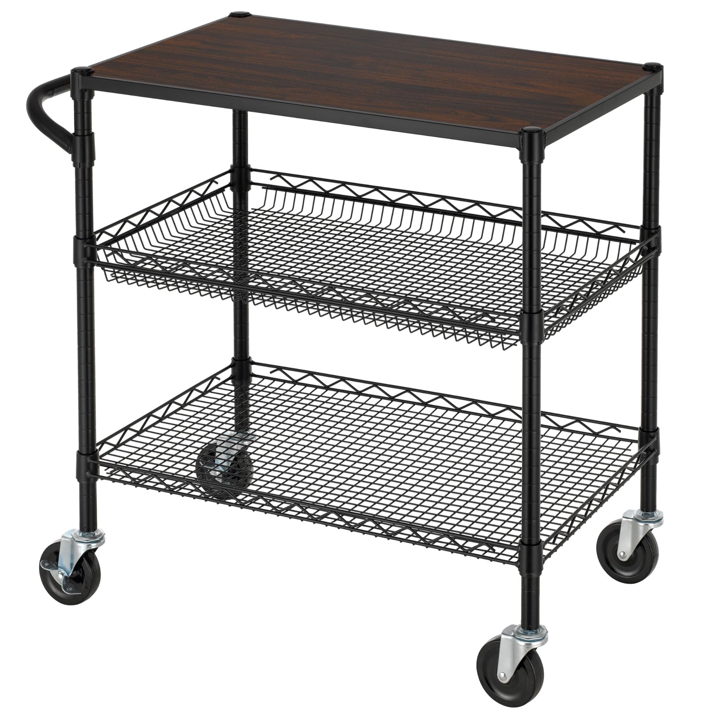 Finnhomy 3 Tier Heavy Duty Commercial Grade Utility Cart with Wood Top, Wire Rolling Cart with Wheels and Handle Bar, Kitchen Carts on Wheels, Metal Cart with 600 LBS Capacity, Black