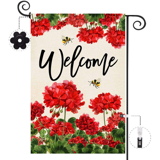 Baccessor Spring Summer Geranium Welcome Garden Flag Double Sided Summer Bee Red Floral Small Burlap Yard Flag House Seasonal Farmhouse Outside Outdoor Decoration 12.5 x 18 Inch