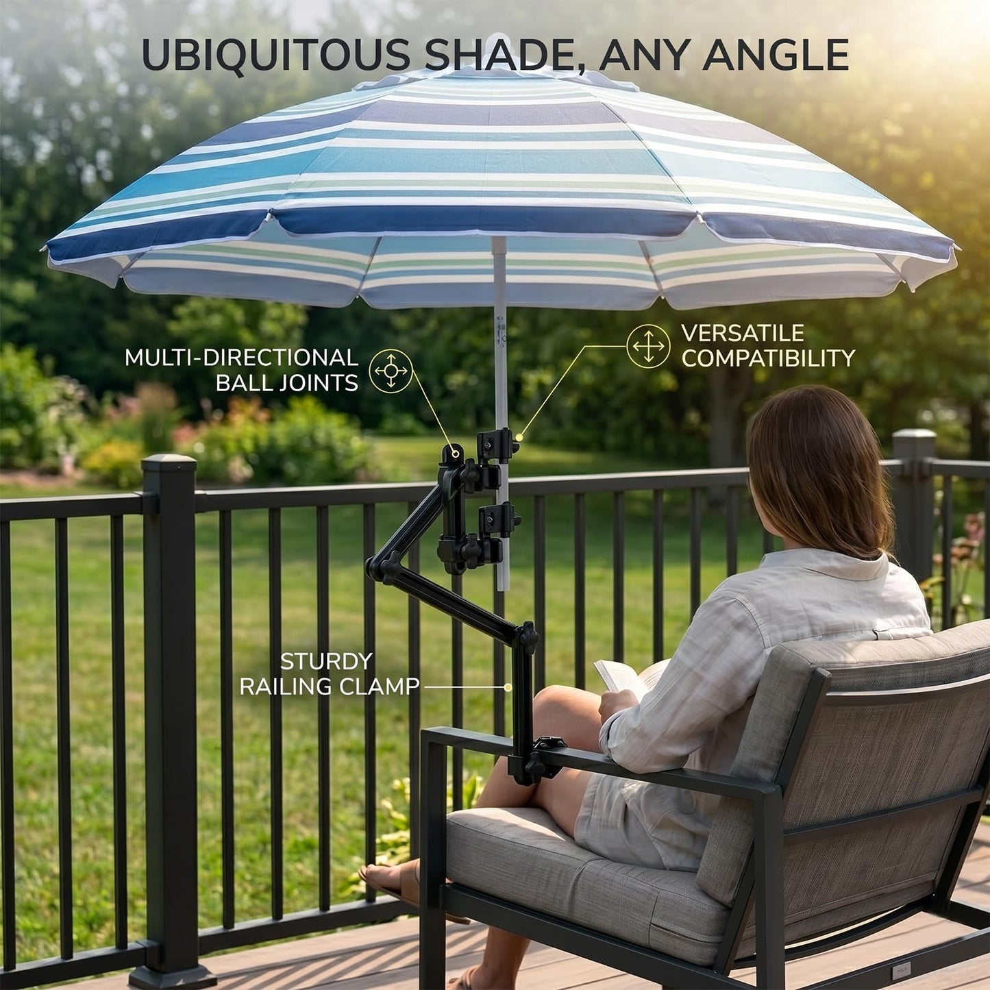 Universal Umbrella Clamp Holder, for Wheelchair, Beach Chair, Kayak, Camping, Deck Railing - Heavy Duty 360° Gear Lock Adjustable Non-Slip Mount for Fishing, Baseball, Gardening