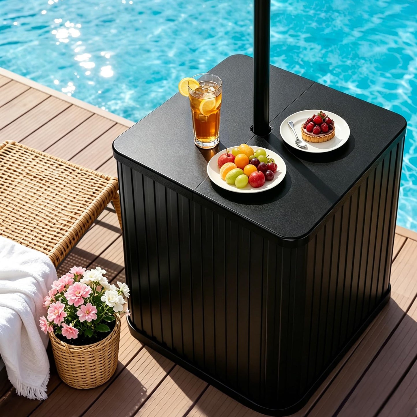 Umbrella Side Table with Hole, Fit Up to 1.5" Poles, Heavy Duty Fillable Base, 132 lbs Capacity, 2 in 1 Outdoor Patio Side Table for Patio Porch Deck Balcony Poolside, Easy Assembly, Modern Style