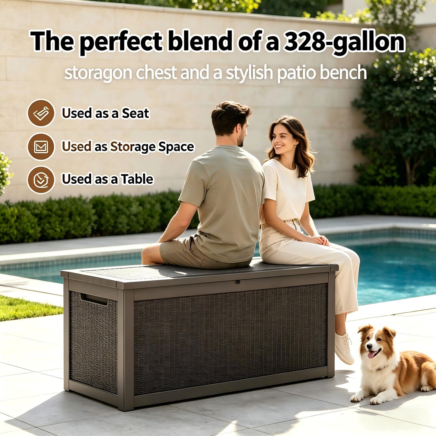 328 Gallon Waterproof Outdoor Storage Box, Heavy Duty Resin Deck Box Lockable, Large Outside Patio Storage Bench for Garden Tools & Pool Accessories, Hydraulic Lift, All-Season UV-Resistant, Brown