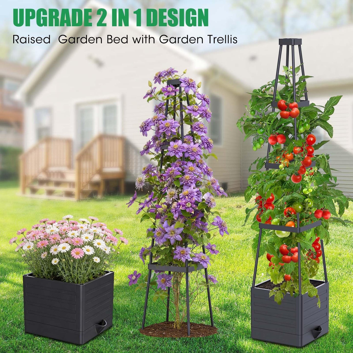 MQHUAYU 2-Pack Tomato Planter with Trellis, 57" Self-Watering Raised Garden Bed Planter Box, Tomato Cages for Indoor & Outdoor Climbing Plants, Vines, Vegetables, and Flowers (57x9.8x9.8IN)