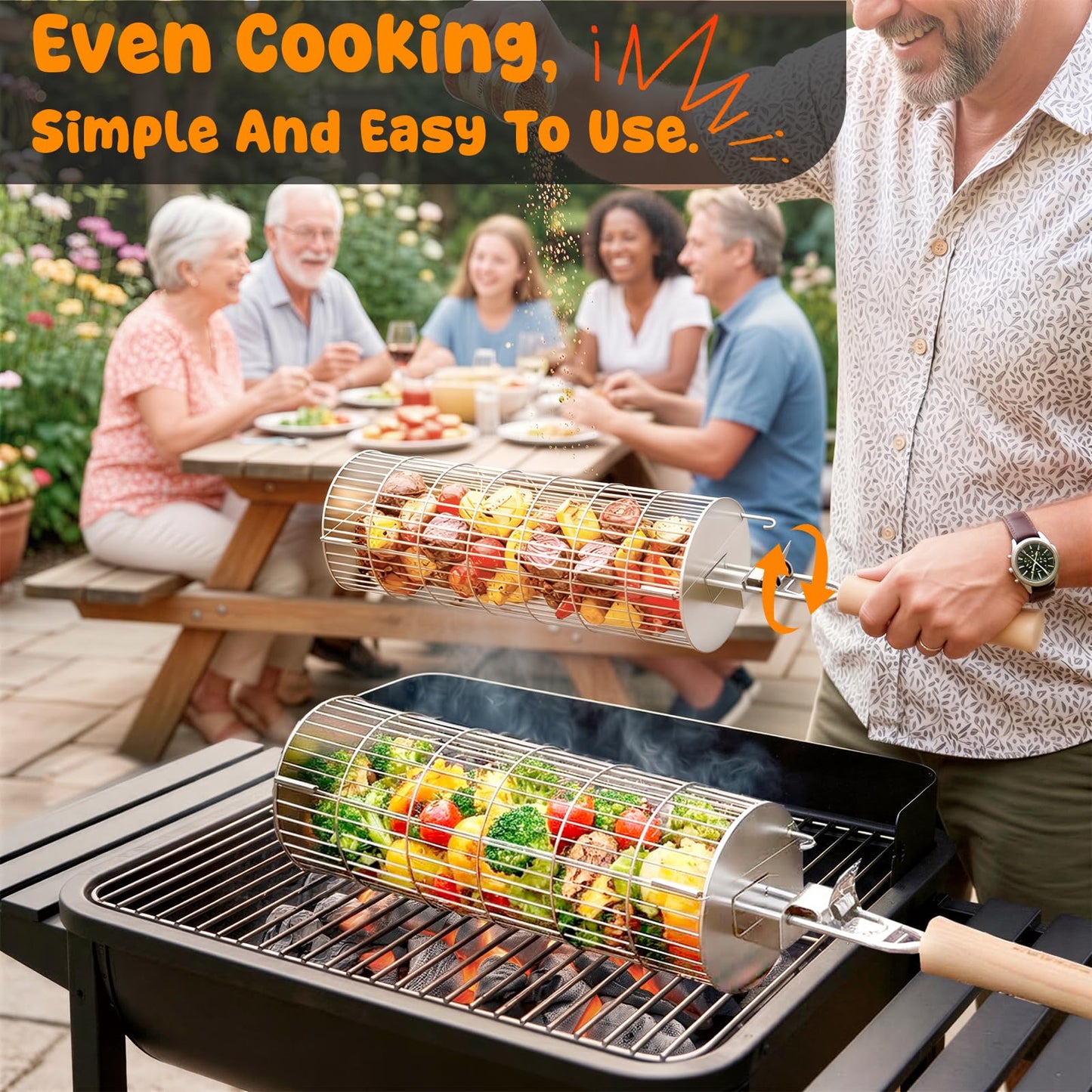 TNTOR Rolling Grill Basket, Larger 304 Stainless Steel Nesting Grilling Net, Removable Handle, BBQ Accessories Tools for Veg Shrimp, Outdoor Cooking Camping grilling gifts for men Dad Husband