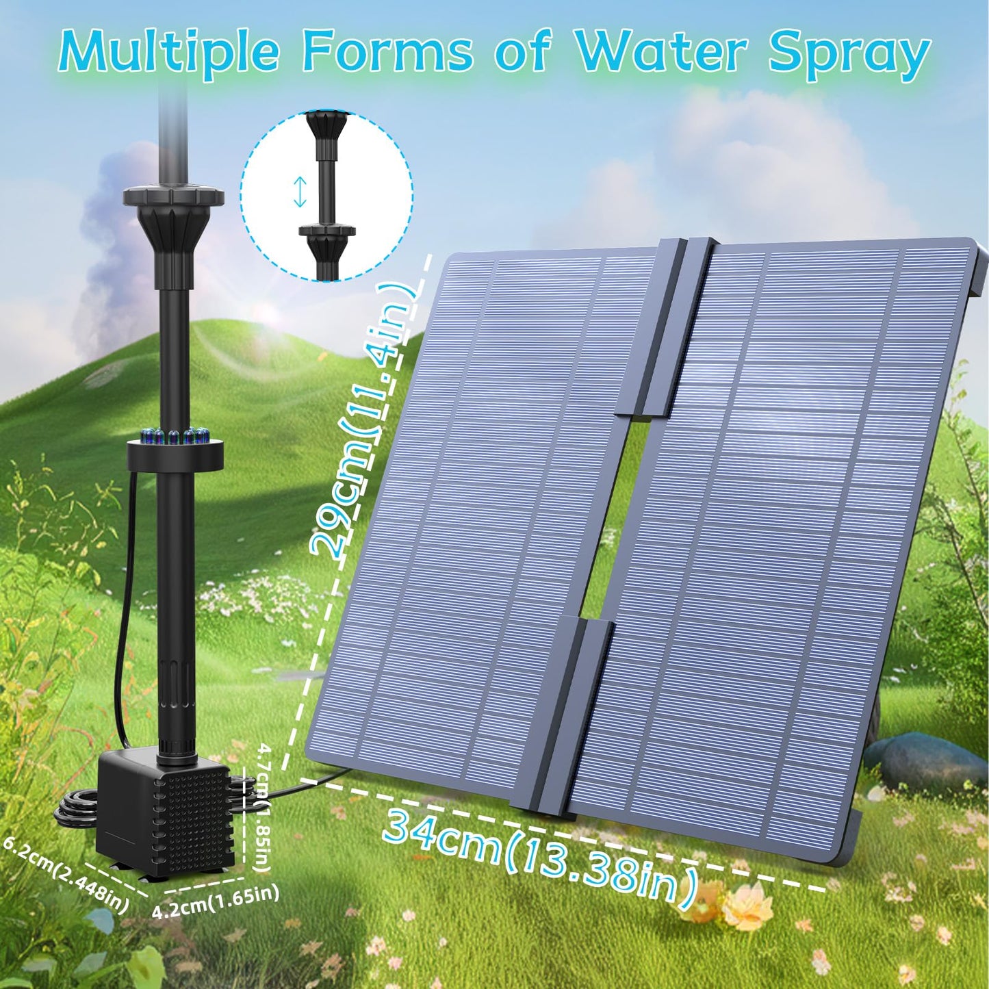 AMZtime 20W Solar Fountain Pump with 2500mAh Battery and 12 LED Lights, Solar Powered Water Pump for Bird Bath, Pond, Garden, Fish Tank, and Waterfall, Long Cord, Easy DIY Setup, 2026 Upgraded Version