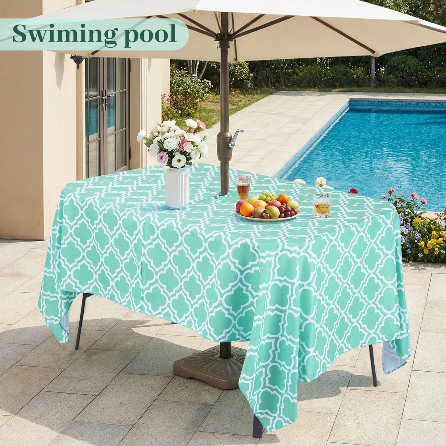 Eternal Beauty 60''x84” Rectangle Tablecloth Waterproof Outdoor Tablecloth with Umbrella Hole Zipper for Patio Spring Summer Picnic Tables, Turquoise