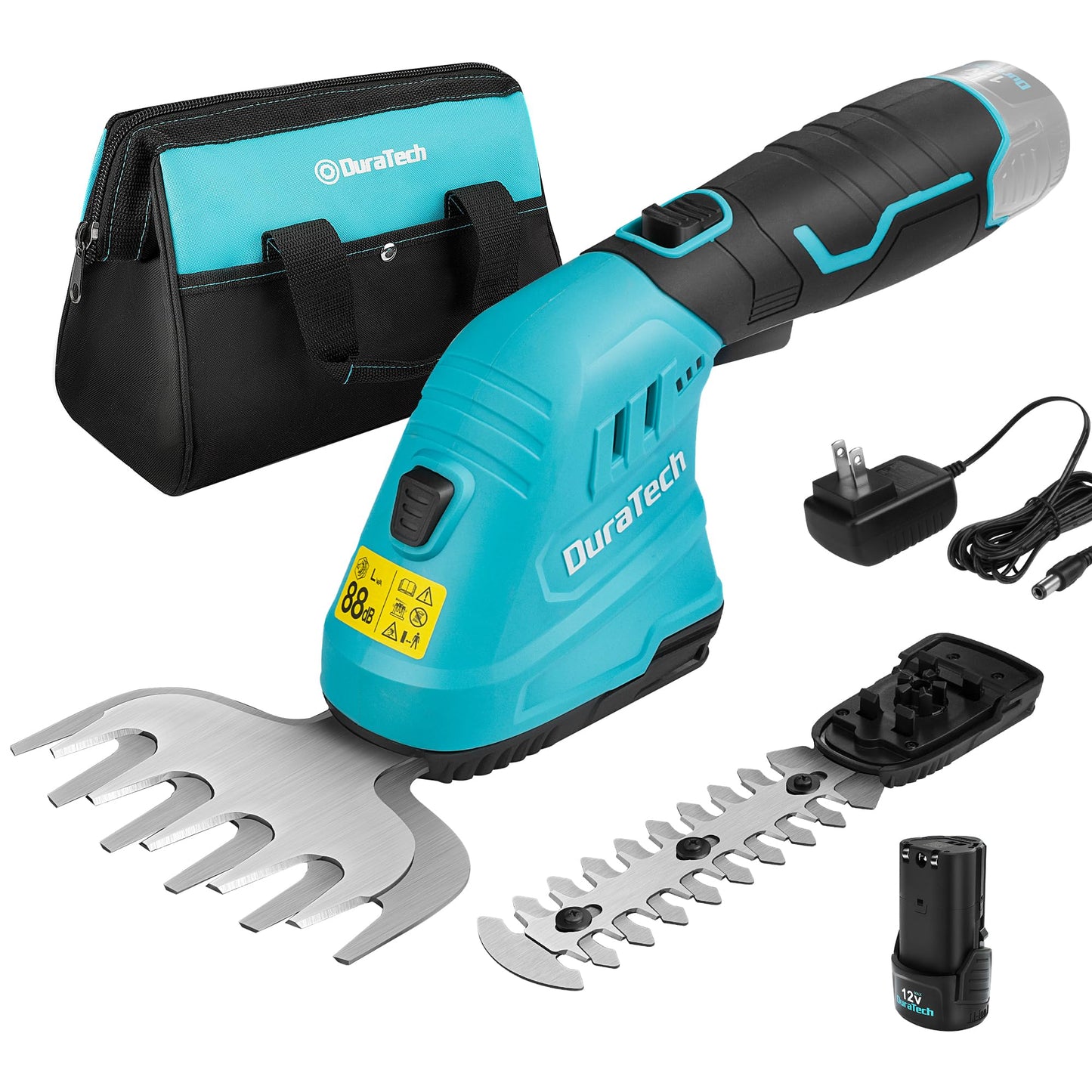 DURATECH Cordless Hedge Trimmer, 12V 2-in-1 Handheld Grass Trimmer & Hedge Shears Included 2.0Ah Li-Ion Battery, Charger & Storage Bag, Electric Grass Shear & Shrubbery Trimmer for Garden Yard Lawn