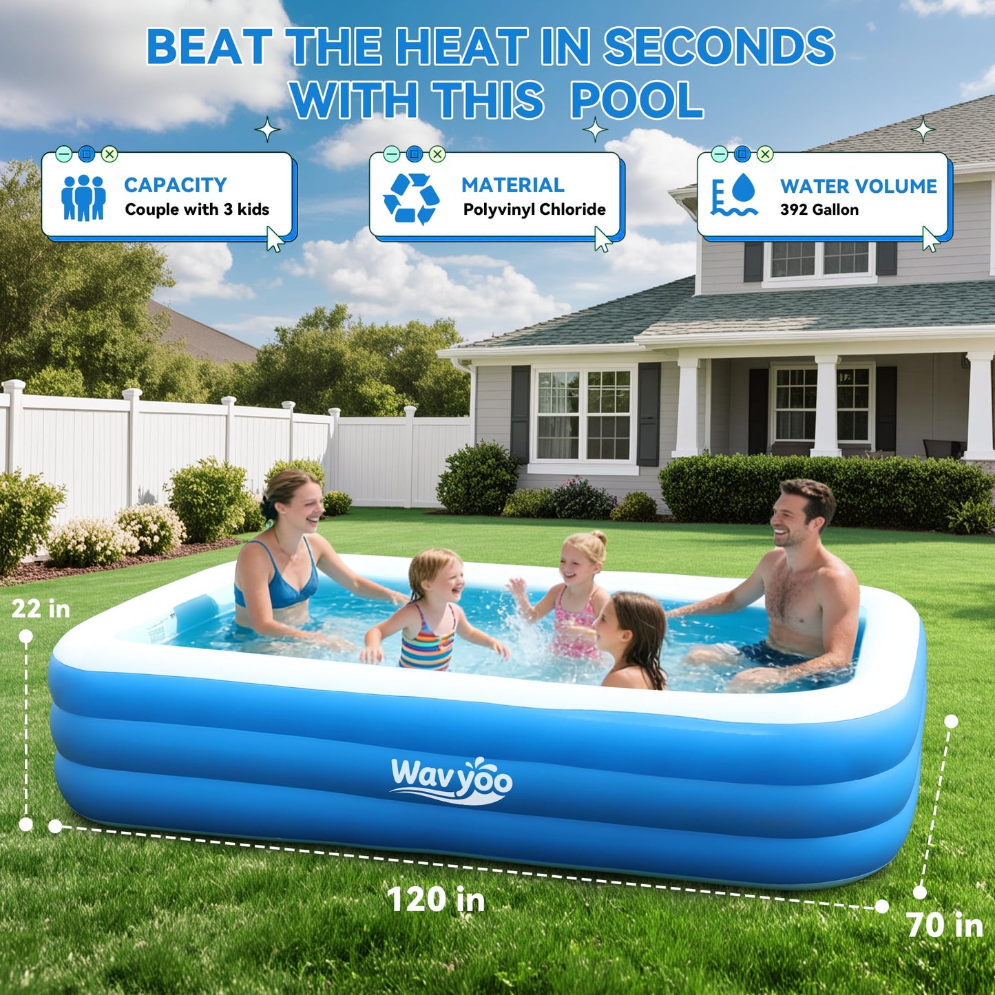 Large Inflatable Pool for Kids and Adults,10ft x 6ft Oversized Thickened Blow Up Pool for Kid and Adult, Durable Swimming Pool for Backyard, Outdoor, Garden, Summer Water Party (120"x70"x22")