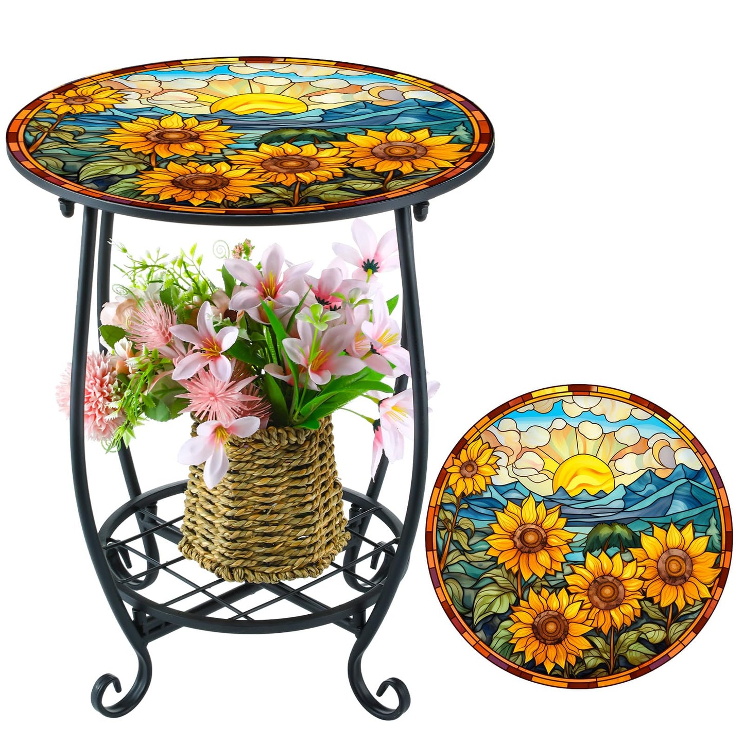 Cinnvoice Outdoor Side Table Round Small Mosaic Patio Accent Indoor End Plant Coffee Tea Table for Yard Patio Porch Garden Living Room, Bedroom(Sunflower Style,12 Inch)