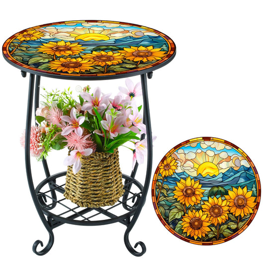 Cinnvoice Outdoor Side Table Round Small Mosaic Patio Accent Indoor End Plant Coffee Tea Table for Yard Patio Porch Garden Living Room, Bedroom(Sunflower Style,12 Inch)