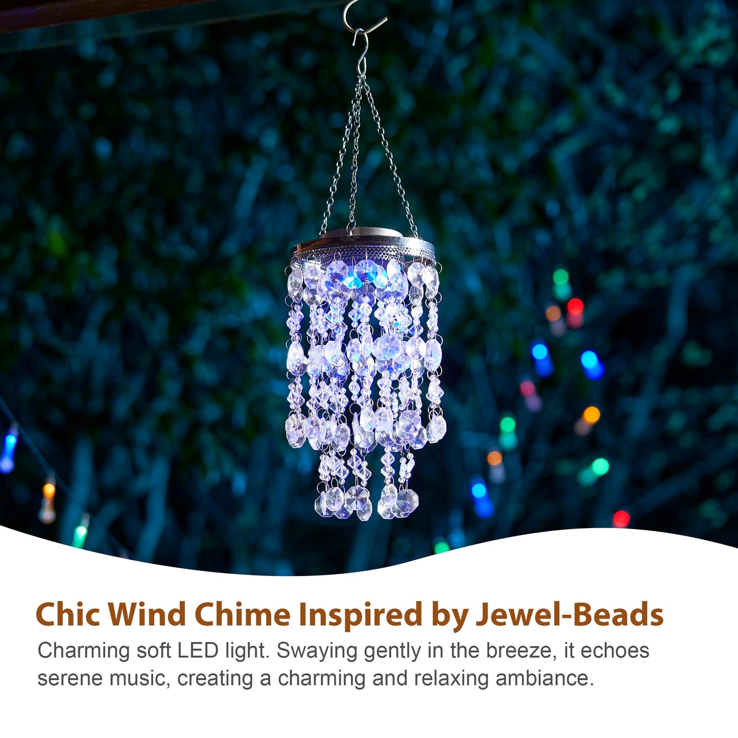 Glitzhome 18.75”H Wind Chime for Outside Solar Wind Chime Hanging Decorative Transparent Acrylic Jewel Beads with Blue LED Light Battery Operated Mini Chandelier for Home Garden Patio Yard