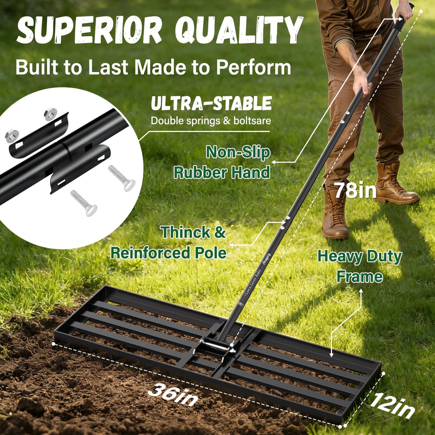Lawn Leveling Rake 36X12 inch,Lawn Leveler with 78" Long Handle,Heavy Duty Ground Leveler for Yard,Sand,Dirt,Golf and Farm,Effort Saving Lawn Leveling Tool,Landscape Leveling Rake