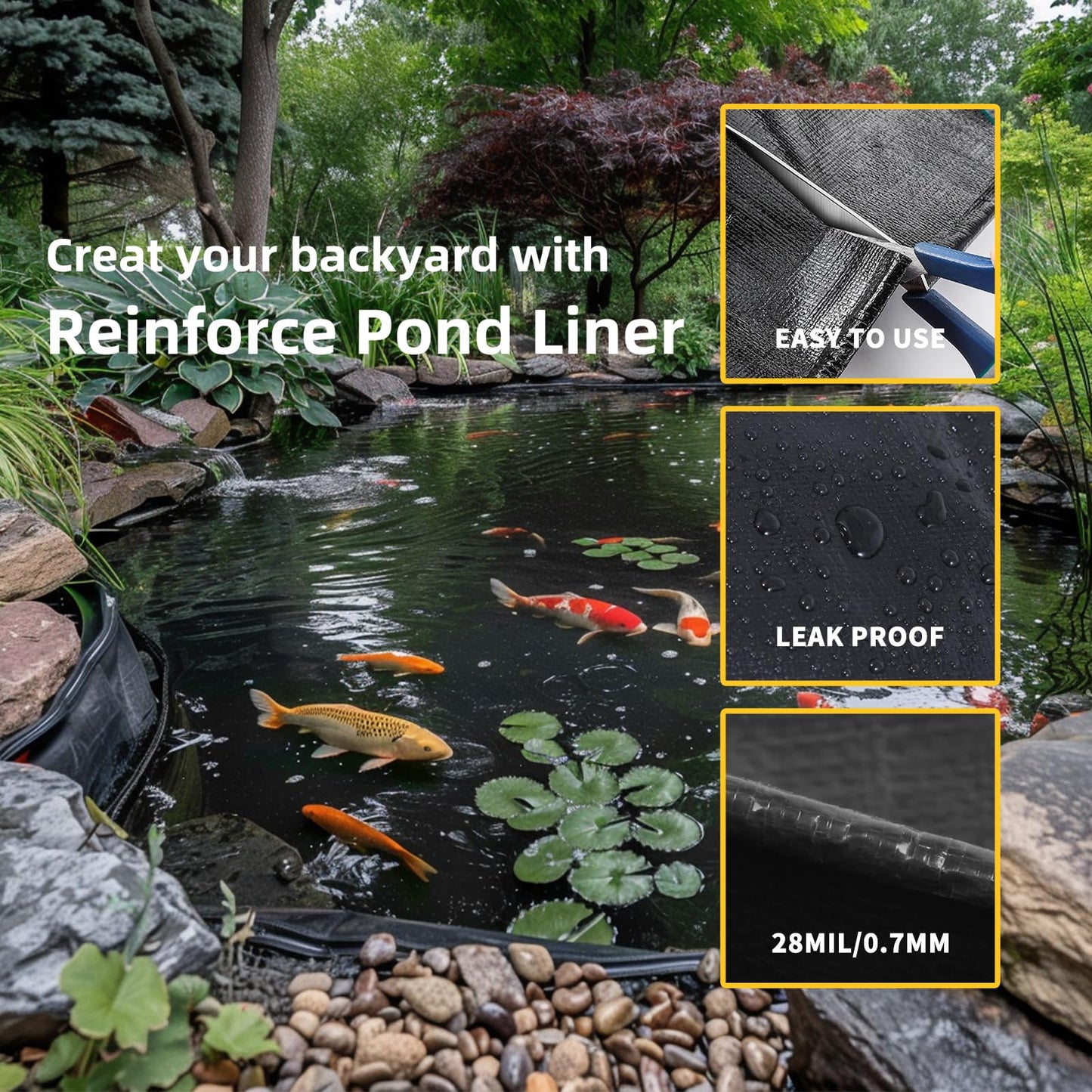 TEZONG Pond Liner,8x10Ft Pond Liners for Outdoor,28Mil PE Black Koi Fish Pond Liner,Reinforced Pond Underlayment for Water Garden,Waterfall,Fountain