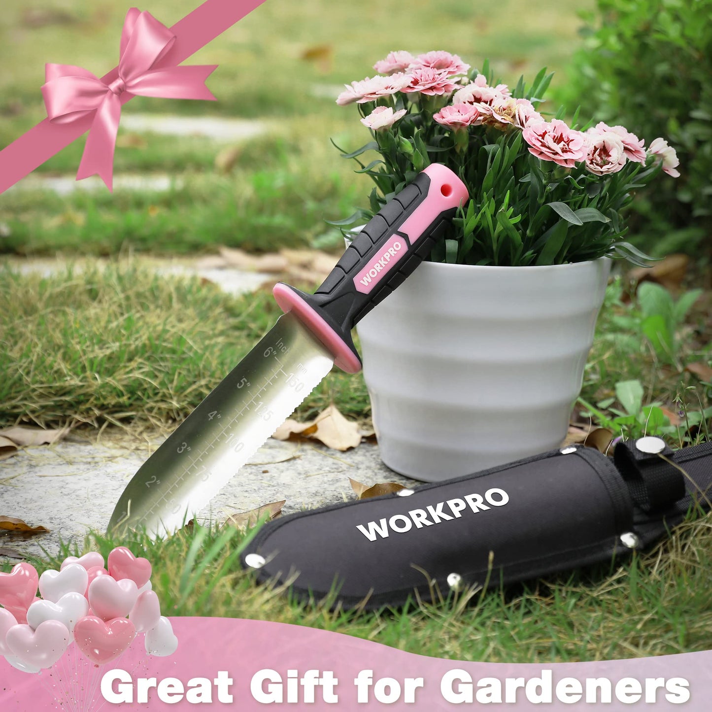 WORKPRO Hori Hori Garden Knife, 7" Stainless Steel Blade with Cutting Edge, Garden Tools with Oxford Sheath, Ergonomic TRP Handle with Hanging Hole for Weeding, Planting, Digging, Pink Ribbon