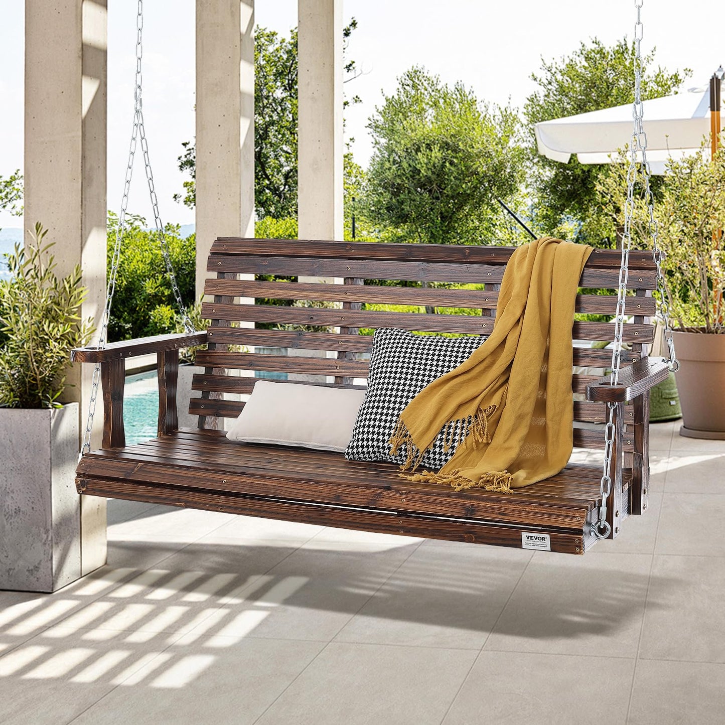 VEVOR Outdoor Wooden Porch Swing, 880lbs 4.5FT Heavy Duty Haning Porch Swings Bench Chair for Patio, Garden and Courtyard
