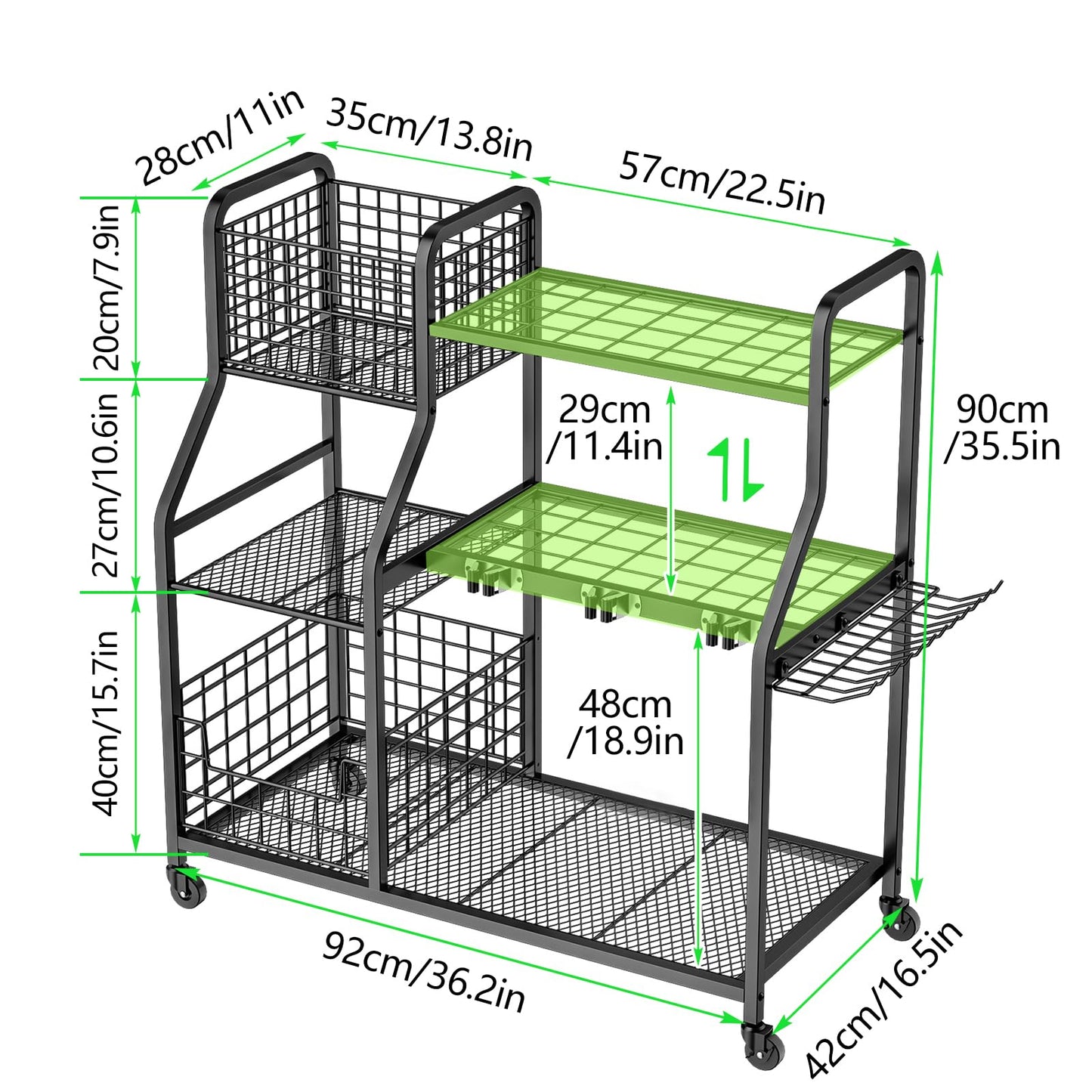 WaifaYie Garden Tool Organizer with 4 Wheels, Garden Tool Rack with 2 Storage Basket, 3 Tier Heavy Duty Utility Garden Tool Storage with 12 Hooks for Yard/Garden/Shed/Garage/Basement/Lawn
