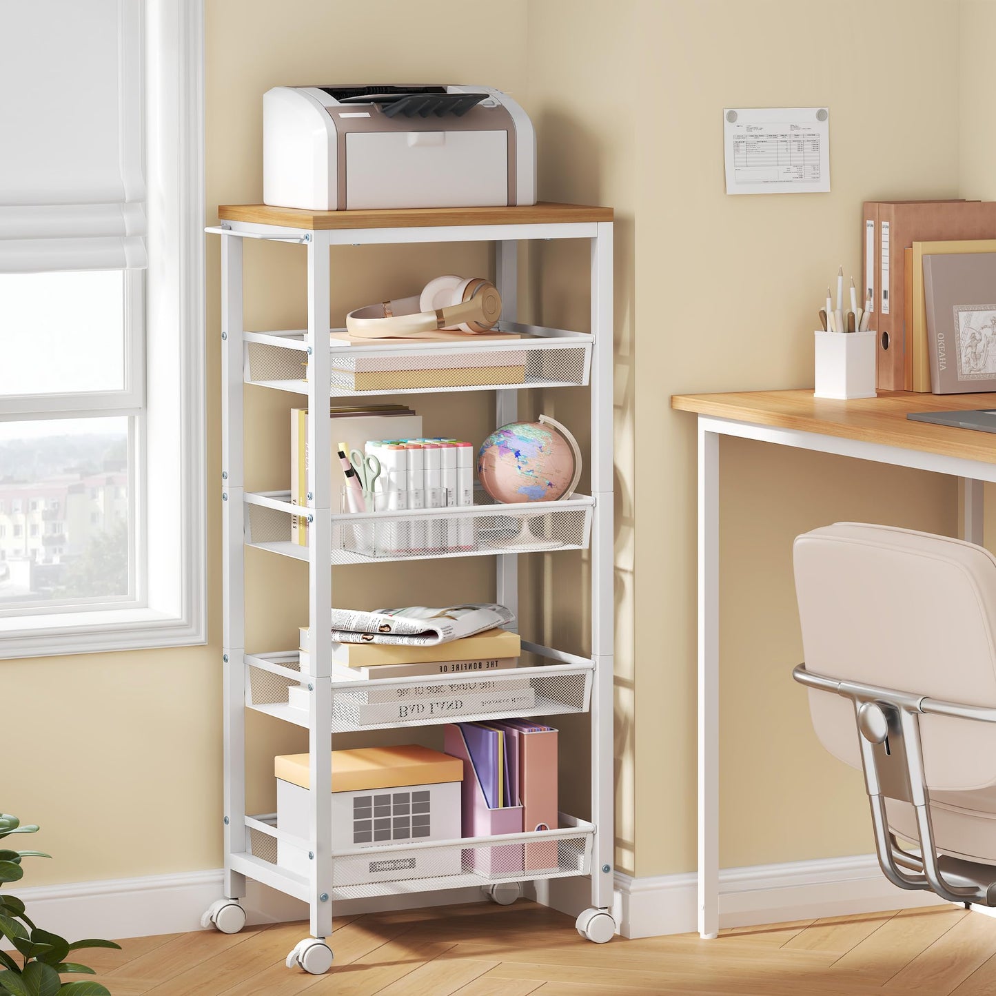 Hoctieon Rolling Storage Cart, 5-Tier 11.8" Wide Rolling Kitchen Storage Cart, Utility Cart with Handle & Wheels, Mobile Shelving Unit, Metal Frame Narrow Cart for Home Kitchen, Laundry, Oak Beige