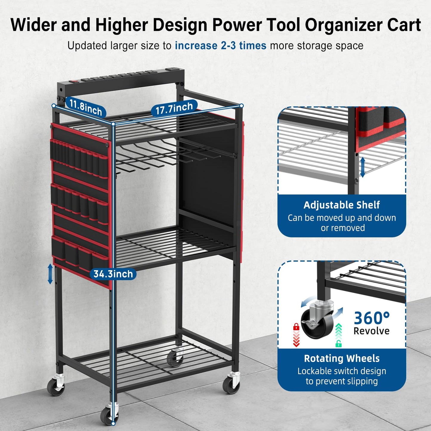 JUNNUJ Garage Large Power Tool Organizer Cart with 8 Outlet 3 USB Charging Station, Floor Rolling Drill and Tools Battery Storage Cart on Wheels, Heavy Duty Utility Rack Shelf with Power Strip