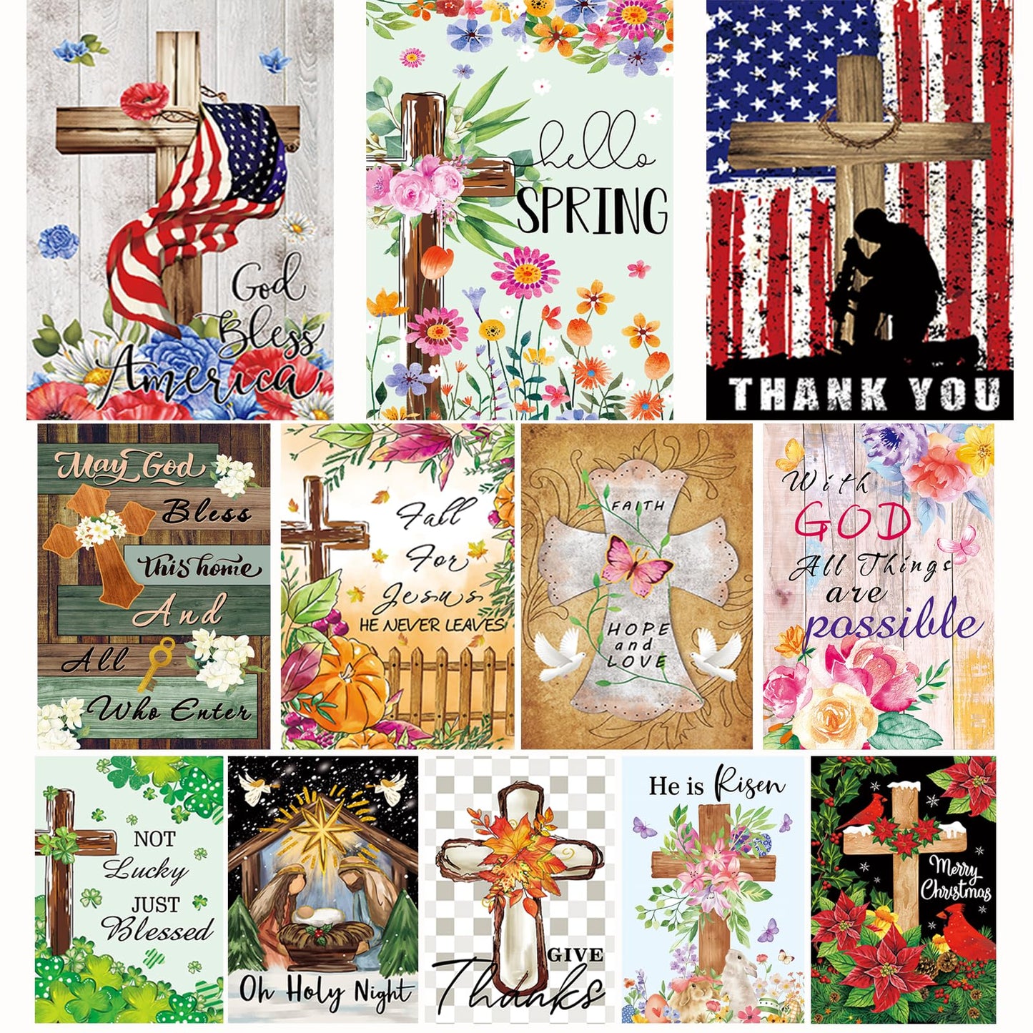 Christian Seasonal Garden Flags Set of 12 Double Sided 12 x 18 Inch Cross Yard Flags, Small Flags for Outside, Fall Winter Easter Christmas Outdoor Flags, Holiday Garden Flags for All Seasons ﻿