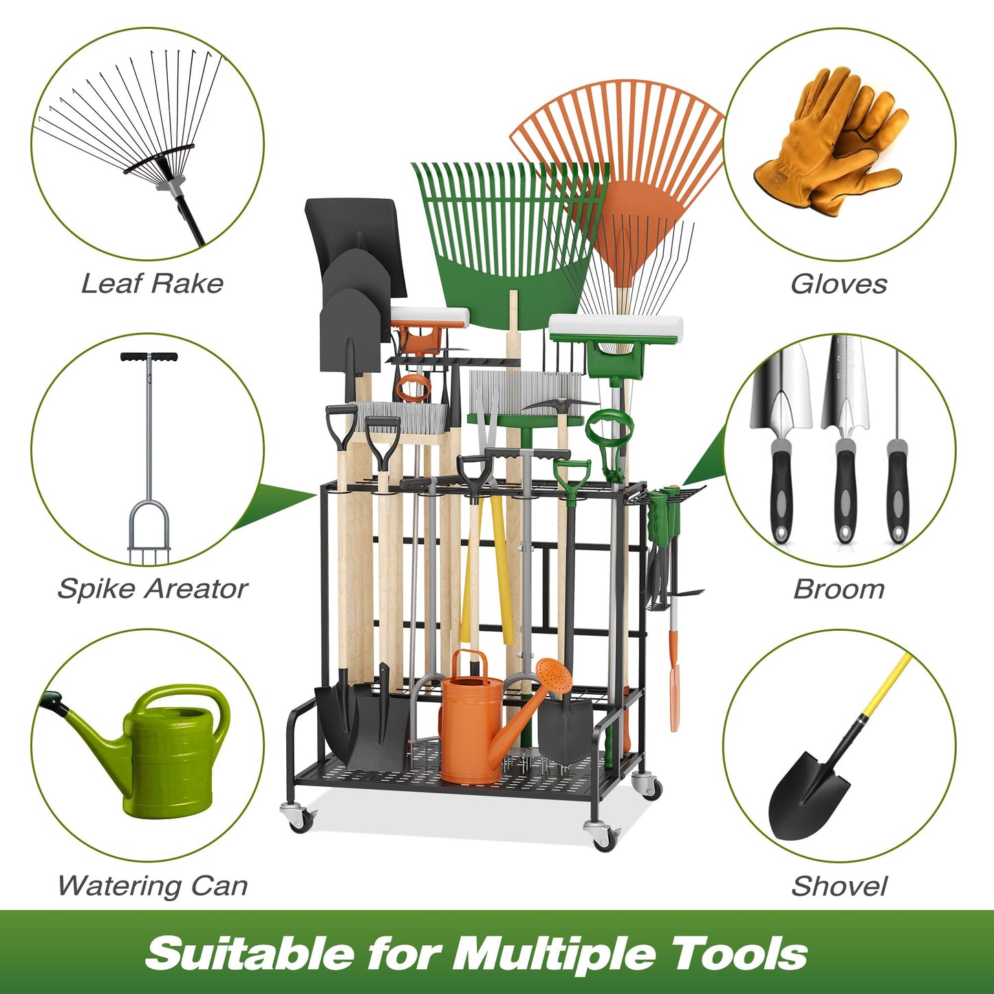 Garden Tool Organizer Rack with Wheels Up to 39 Tools, Heavy-Duty Steel Yard Tool Organizer for Garage Storage with 12 Hooks, Broom Holder & Garden Tool Rack for Shed, Patio, Outdoor Use, Black