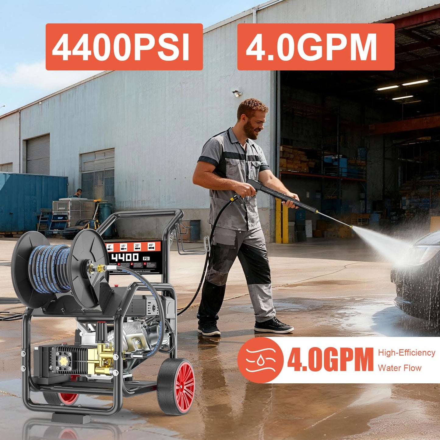 KARHDIR 4400 PSI Gas Powered Commercial High Pressure Washer with 296cc 15HP Engine 4.0GPM Electric Start, Includes Hose Reel 50 FT 3/8 inch Hose 5 Quick Connect Nozzles Spray Gun and Wand