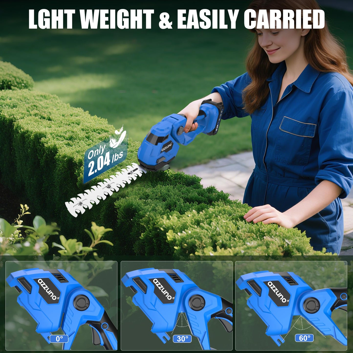 AZZUNO Hedge Trimmer Cordless, 21V Battery Powered Electric Hedge Trimmer Grass Shears with Battery and Charger Included, 2-in-1 Handheld Grass Cutter Shrub Trimmer for Gardens, Yards, Lawns