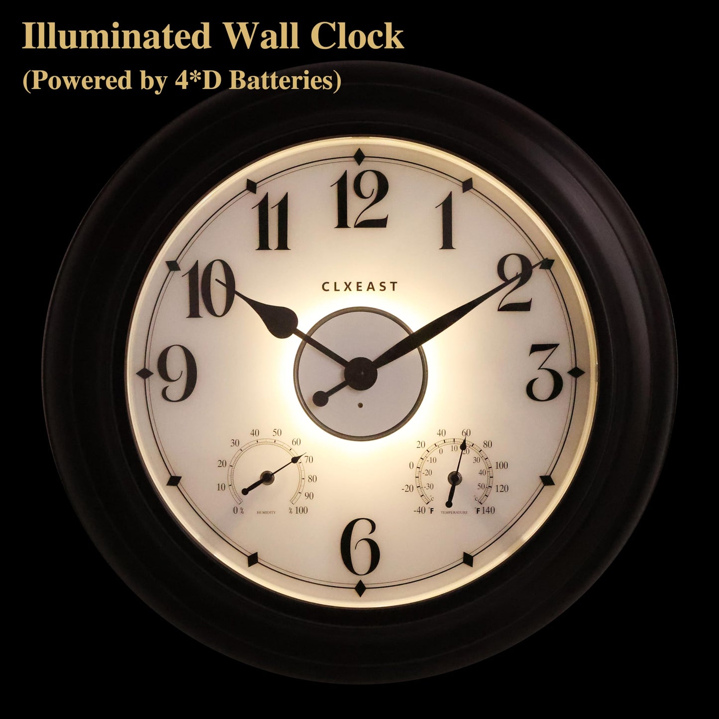 CLXEAST 24 Inch LED Self-Illuminated Outdoor Metal Clocks Waterproof, Large Lighted Outdoor Clock with Temperature and Humidity,Oil Rubbed Bronze Black,Spring Garden Decor