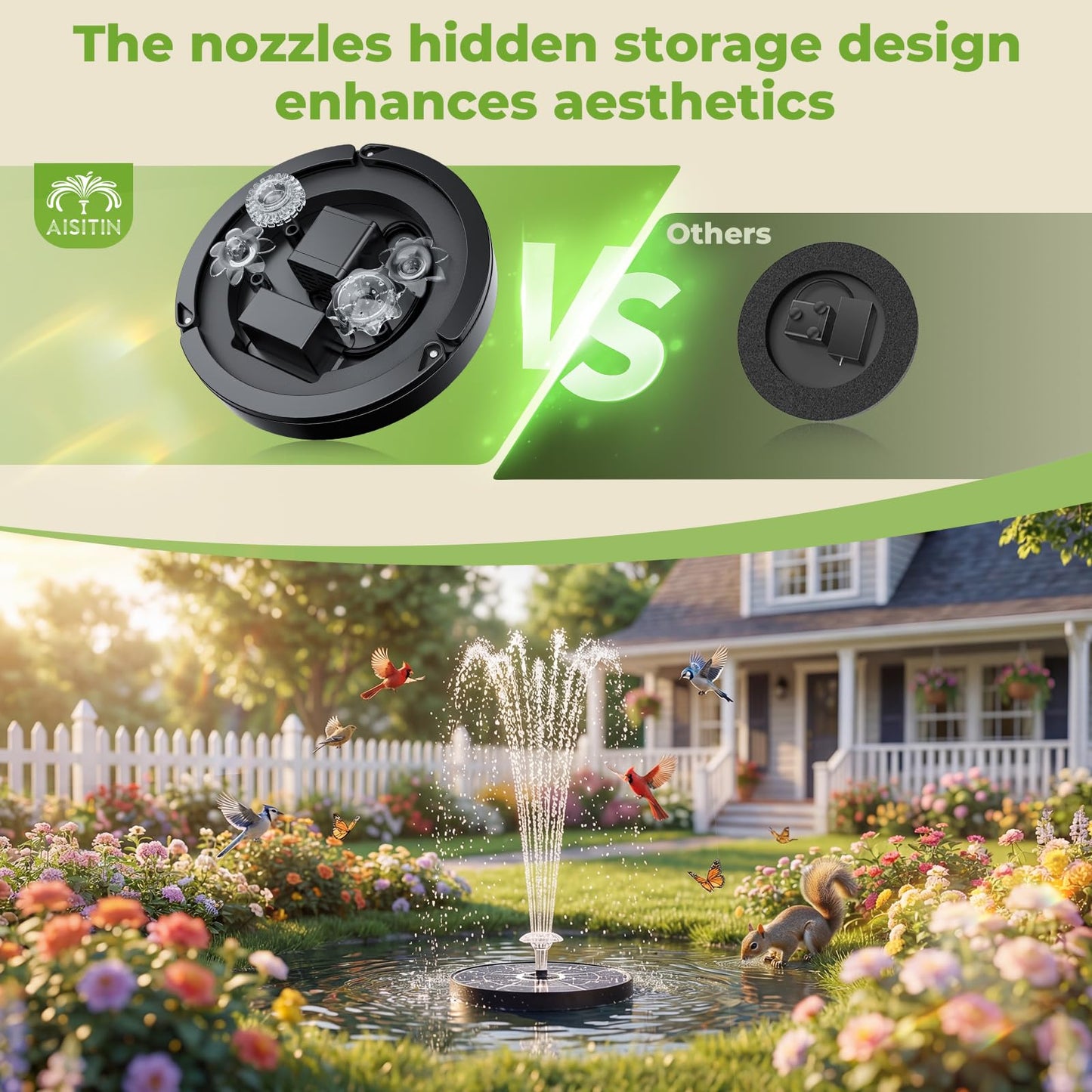 AISITIN 3.7W Solar Bird Bath Fountain Upgraded 6.3" Solar Glass Panel, Solar Powered Fountain Pump with Integrated Bracket & Storage for Bird Bath, Pond, Garden, Aquarium and Outdoor