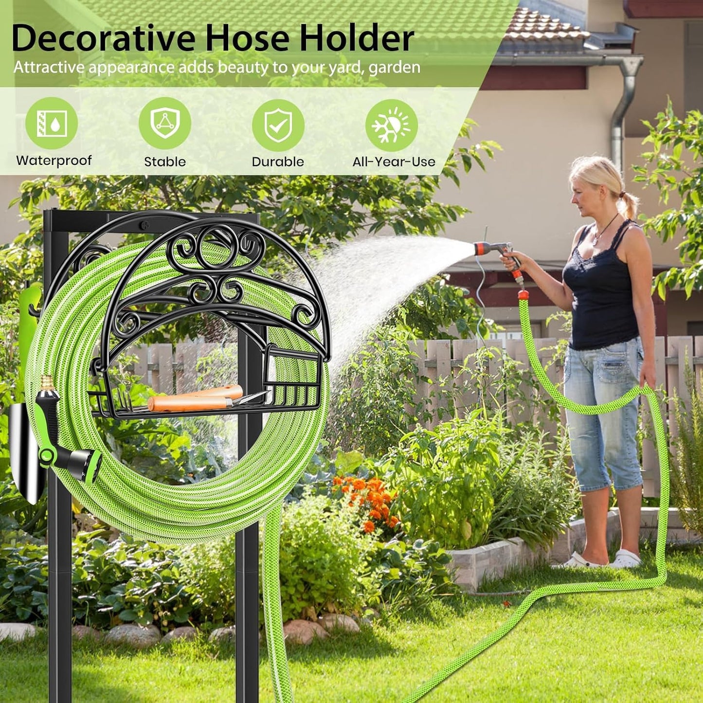 TomCare Garden Hose Holder Upgraded Water Hose Holder with Storage Basket Heavy Duty 4 Spikes Hose Hanger Holds 160 Feet Hoses Stable Freestanding Hose Storage Organizer for Outside Yard