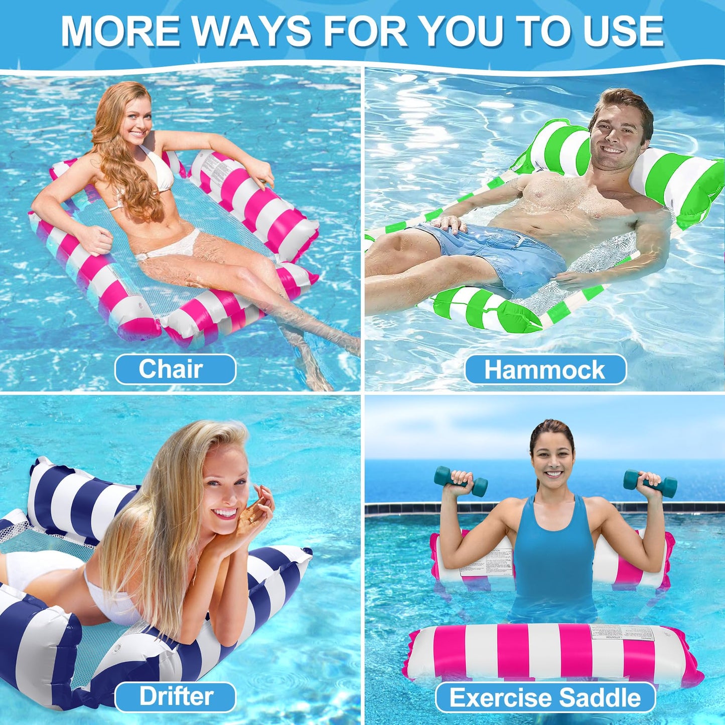Korlon Tec 3 Pack Inflatable Pool Floats Adult, 4-in-1 Multi-Purpose Pool Float Rafts Water Hammock, Pool Floaties for Adults Swimming Pool Lake Beach