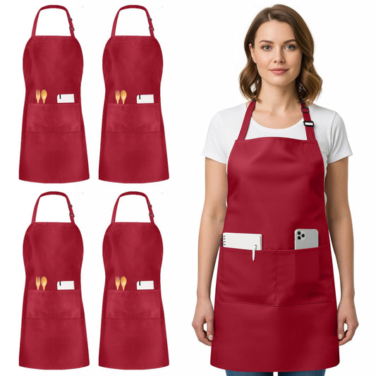 Utopia Kitchen 4 Pack Bib Apron Adjustable with 2 Pockets, Water and Oil Resistant, Cooking Kitchen Chef Apron for Women Men, Red