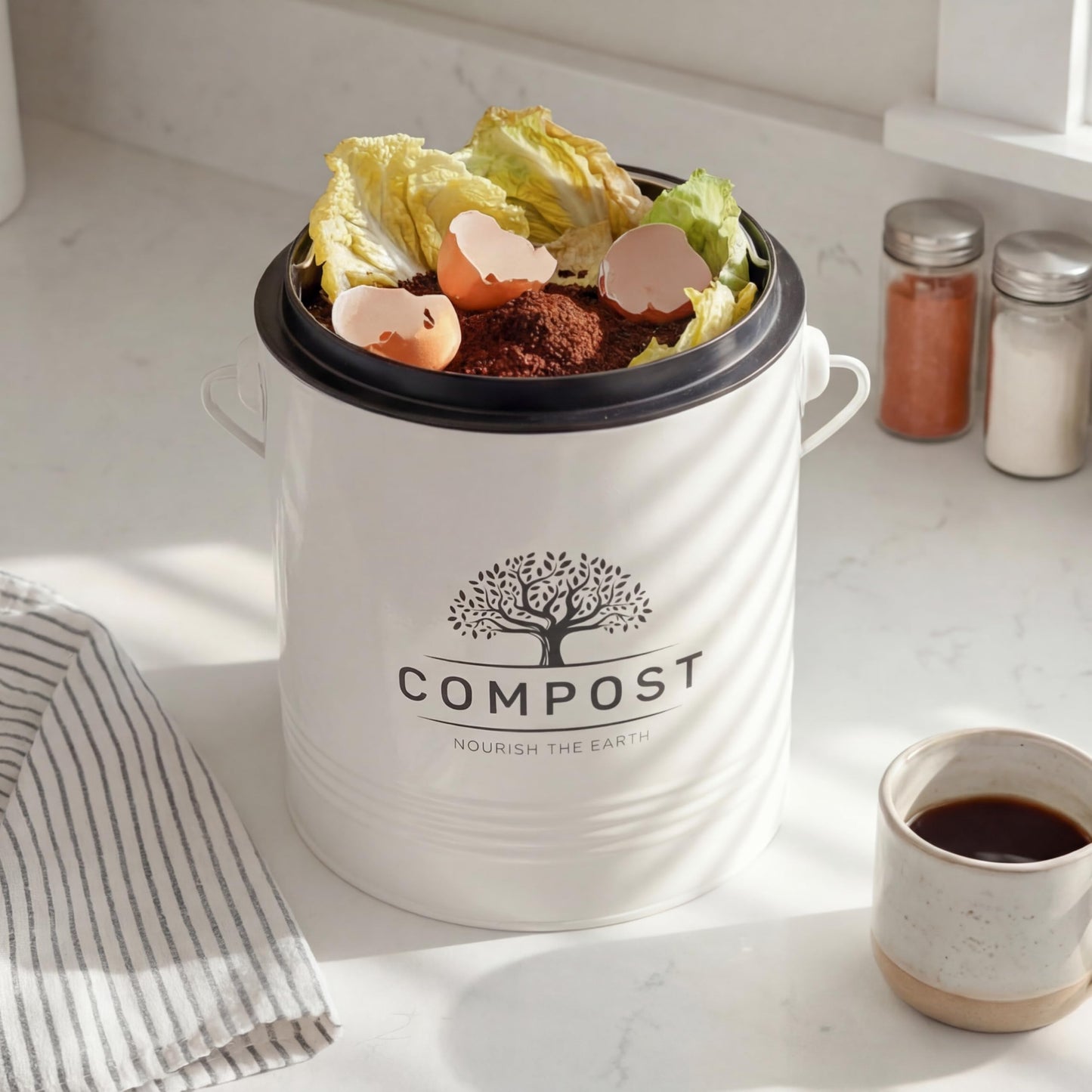 Perfnique Kitchen Compost Bin, 1.3 Gallon Countertop Compost Bin with Lid, Indoor Compost Bucket Includes Inner Bucket Liner and Carbon Filter, Small Compost Bin (Without Bags, Cream)