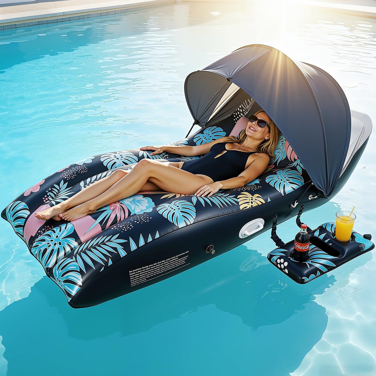 Deyhoc Pool Floats Lounger with UPF50+ Canopy Adjustable, Inflatable Large Floating Chair Ergonomic Design, with Cup Holders, Perfect for Swimming Pool, Beach, Lake, Party - Dark Blue