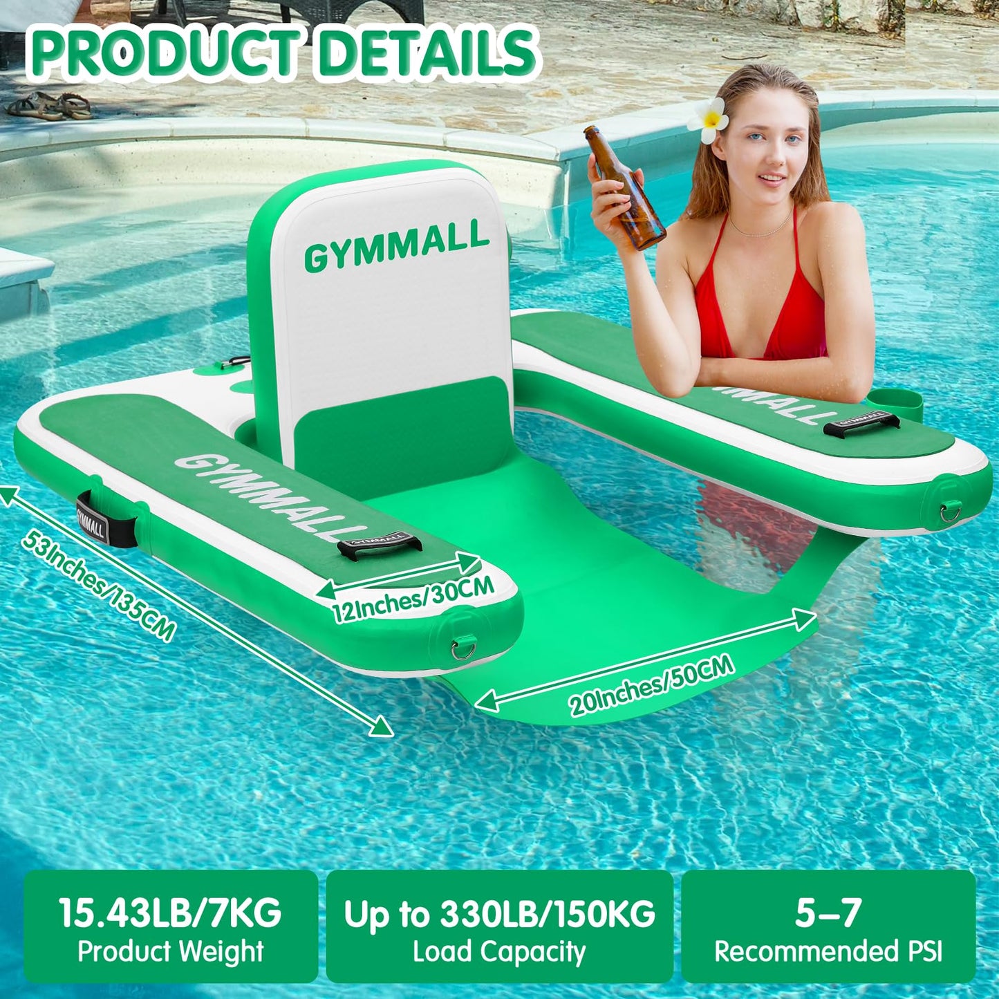 GYMMALL Inflatable Pool Lounger Float, Tanning Pool Chair Float for Adults, 53" L*43" W Sunchill Floating Chair Dock for Outdoor Lake, River and Beach with Storage Bag and Cup Holder - Mint Green
