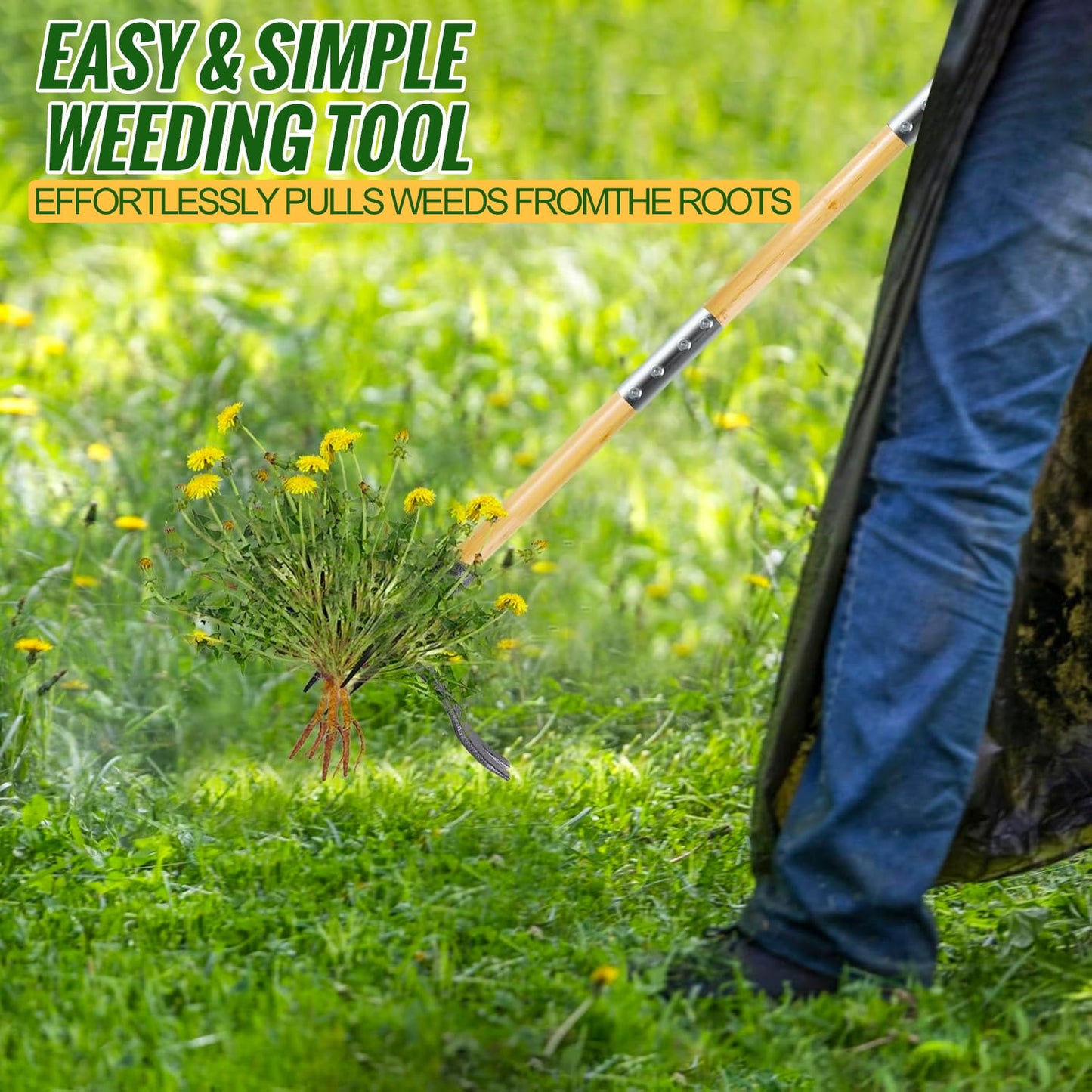 BellaJoyz Weed Puller Tool, Stand Up Heavy Duty Weed Remover Tool with Long Handle & 4-Claw Steel Head, Bamboo Garden Hand Weeding Tool - Easily Remove Weeds Without Bending, Pulling,or Kneeling