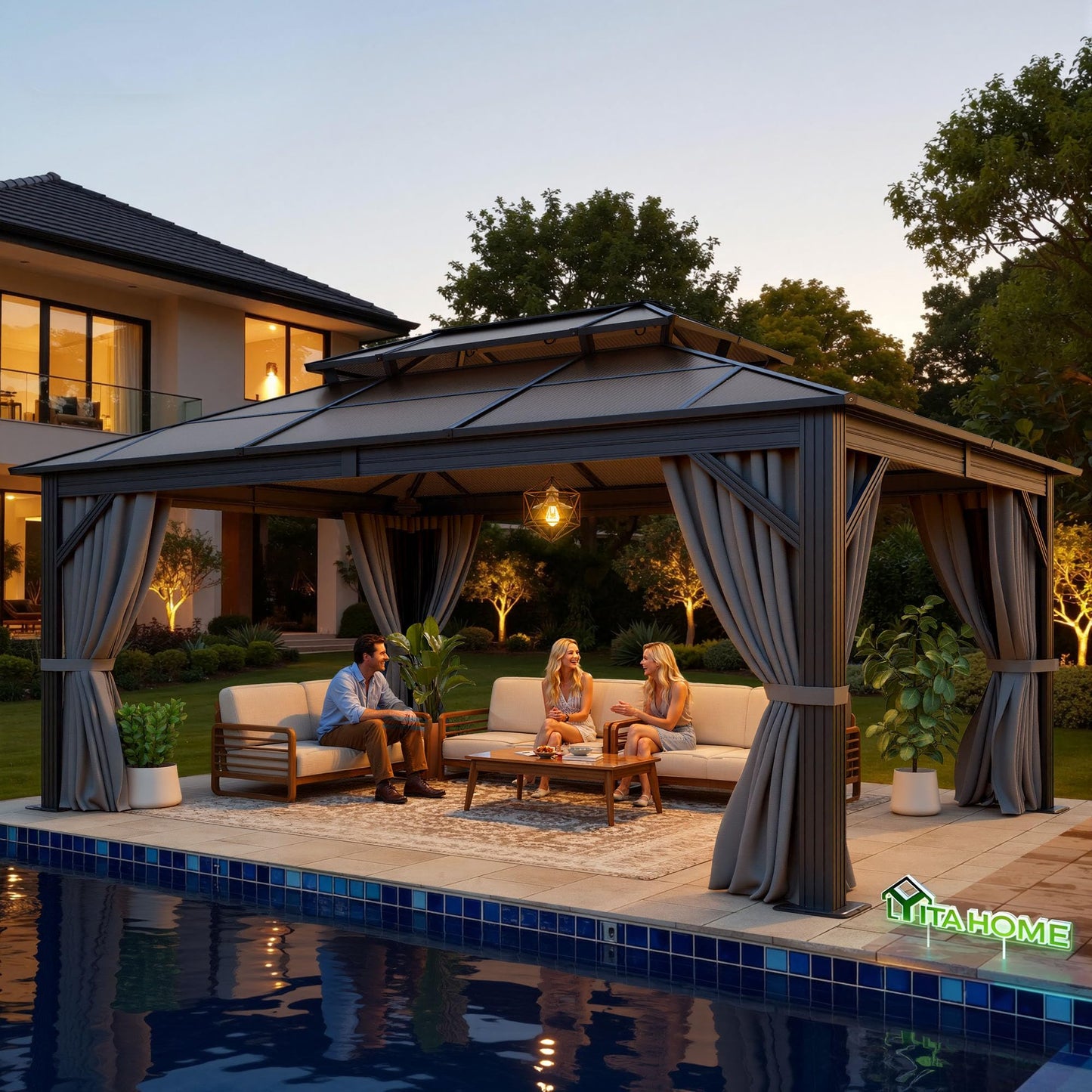 YITAHOME 12x16FT Polycarbonate Gazebo Double Roof Canopy Outdoor with Netting and Shaded Curtains, Aluminum Frame Polycarbonate Hardtop Garden Tent for Patio, Backyard, Deck and Lawns, Grey