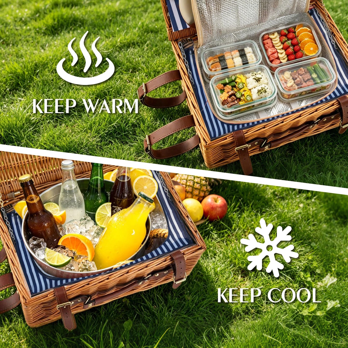 TOSTOOIRX Willow Picnic Basket Set for 4 with Large Insulated Bag and Waterproof Picnic Blanket, Wicker Picnic Hamper for Camping, Outdoor, Birthday, Valentine, Navy