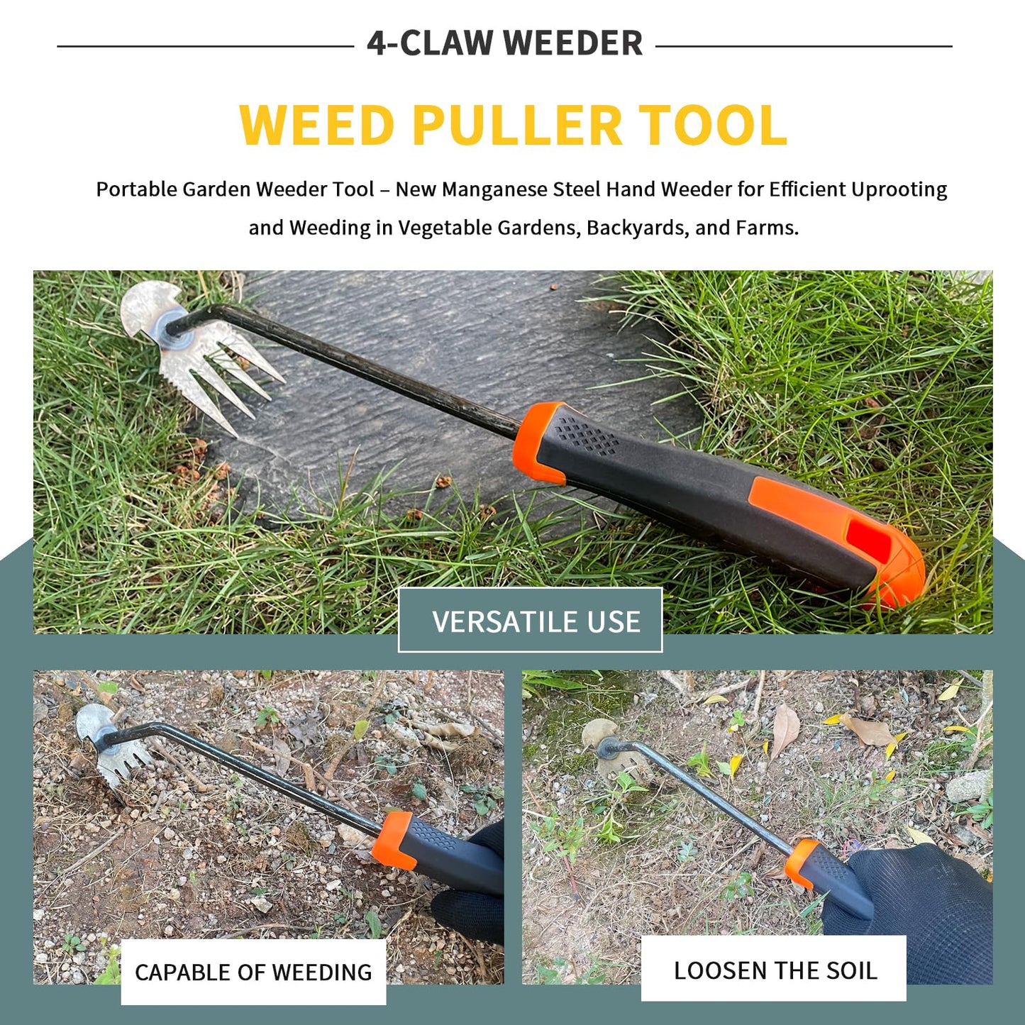 Weed Puller Tool, Upgrade Durable Garden Weeder Tools, Dual Purpose Manual Weed Removal Tool with Manganese Steel Teeth, Portable Uprooting Weeding Tool for Vegetable Gardens Backyards
