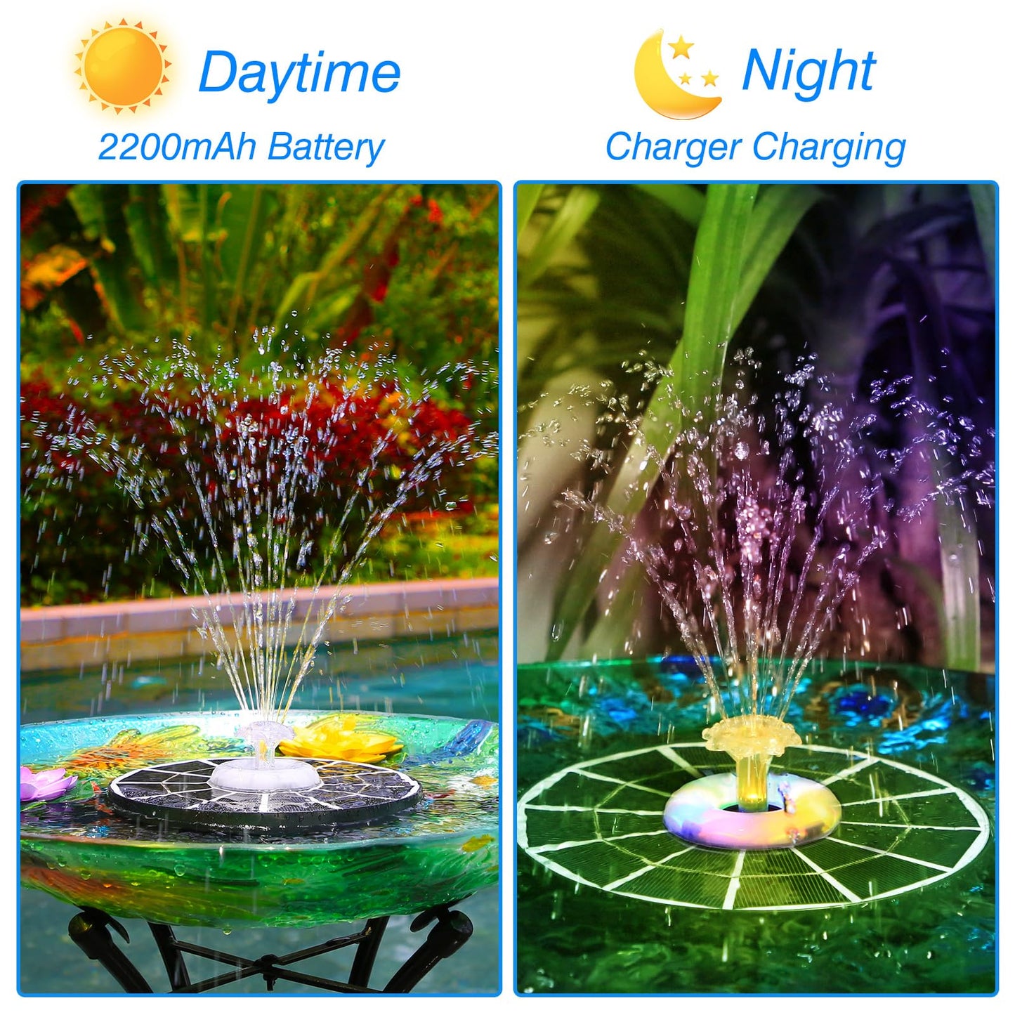 AISITIN 4W Solar Fountain with Lights, Chargeable Solar Bird Bath Fountains Built-in 2200mAh Battery, 2026 Upgrade Glass Panel Solar Water Pump for Bird Bath, Garden, Pond, Pool, Fish Tank, Aquarium