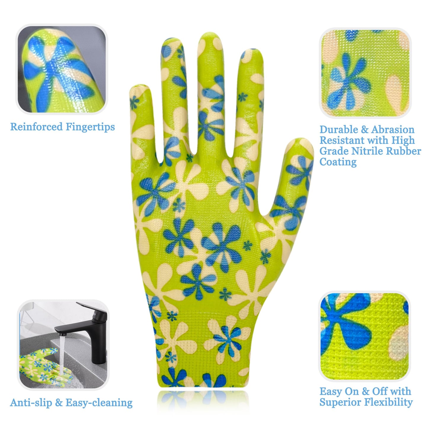 Xuper Grip Garden Gloves for Women, Breathable Nitrile Coated Gardening Work Gloves for Women, Planting, Seeding,6 Pairs (6 Colors, Medium)