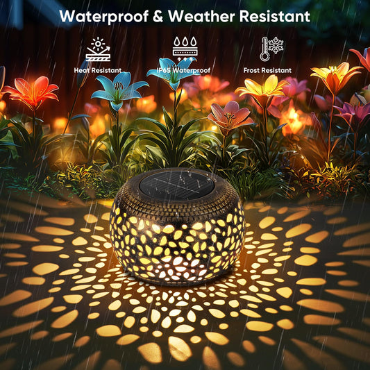 Solar Lanterns Waterproof Outdoor Decor: 2 Pack Hollow Out Retro Metal Solar Lights - Unique Gardening Gifts for Women Mom - Outside Garden Yard Patio Porch Tabletop Decorations 2 Lighting Colors